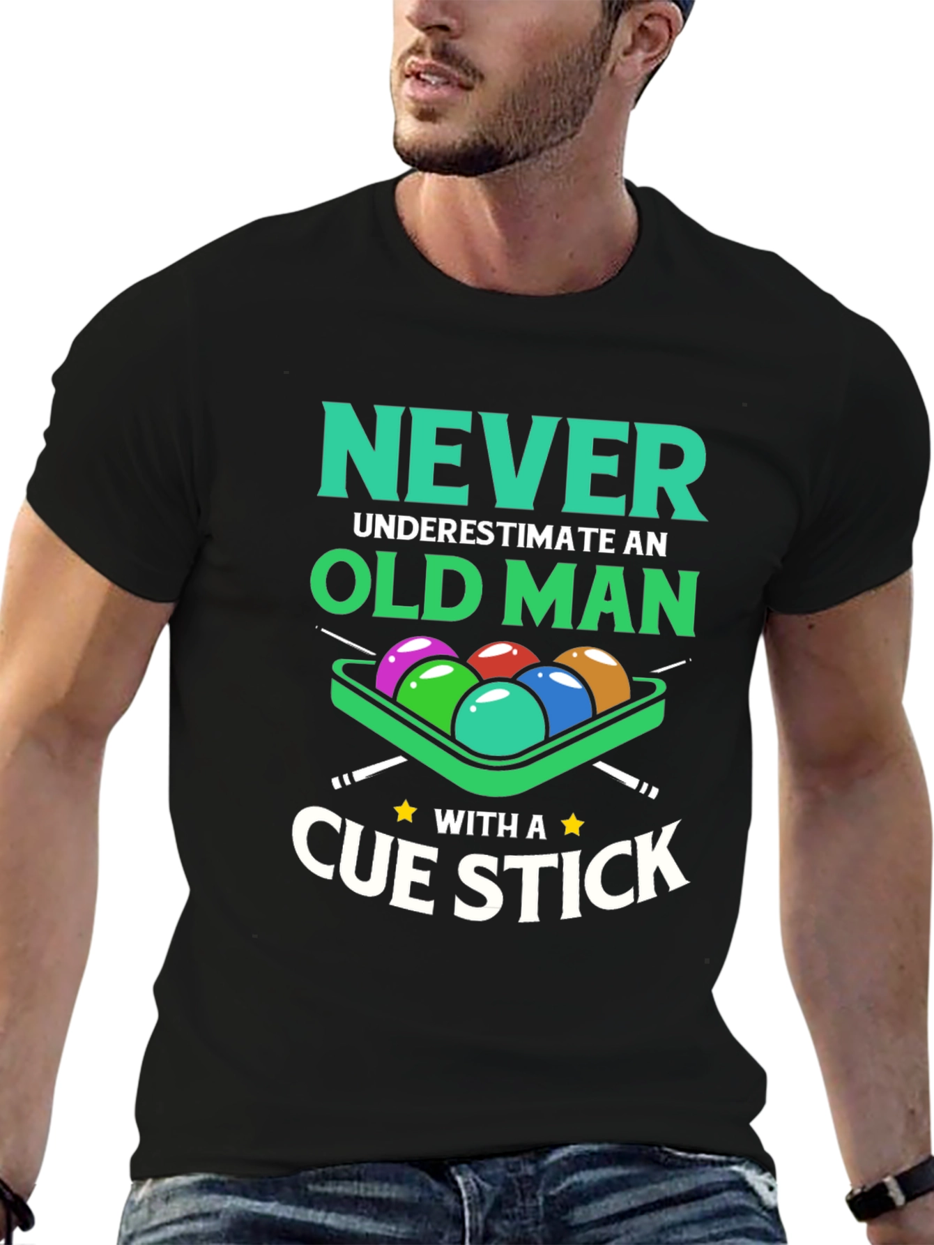 Never Underestimate Old Man Cue Stick Graphic Tee