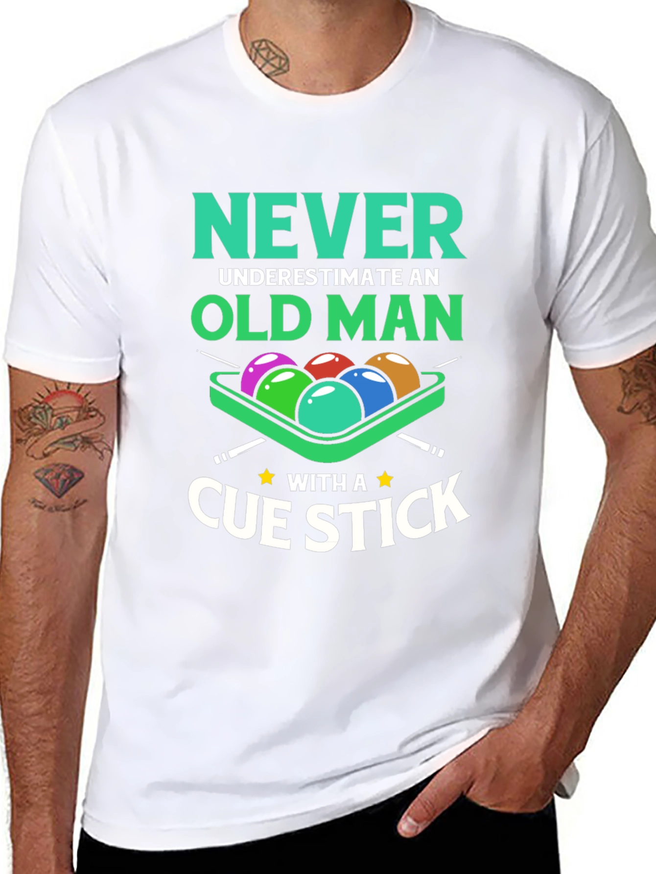 Never Underestimate Old Man Cue Stick Graphic Tee