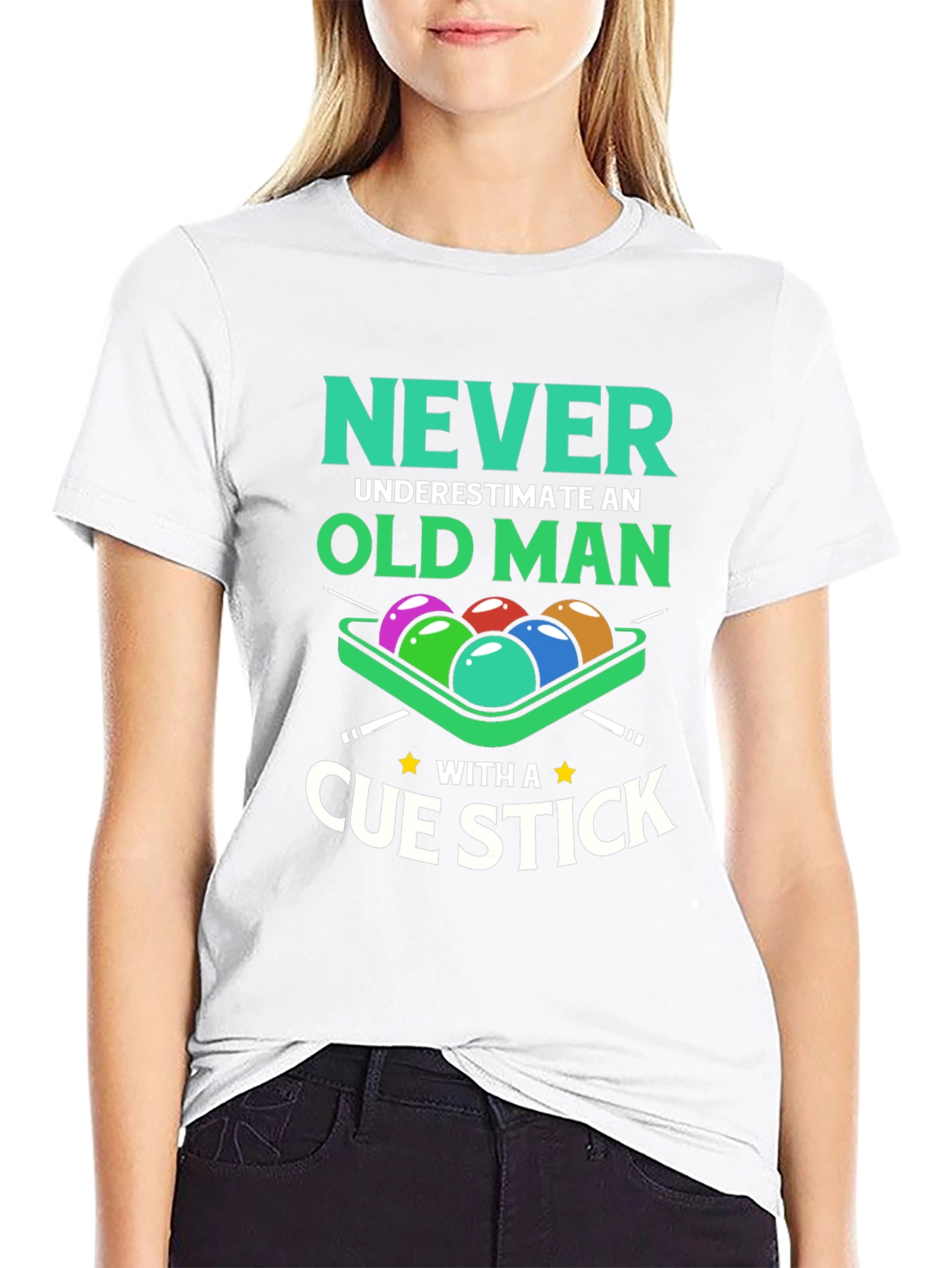 Never Underestimate Old Man Cue Stick Graphic Tee