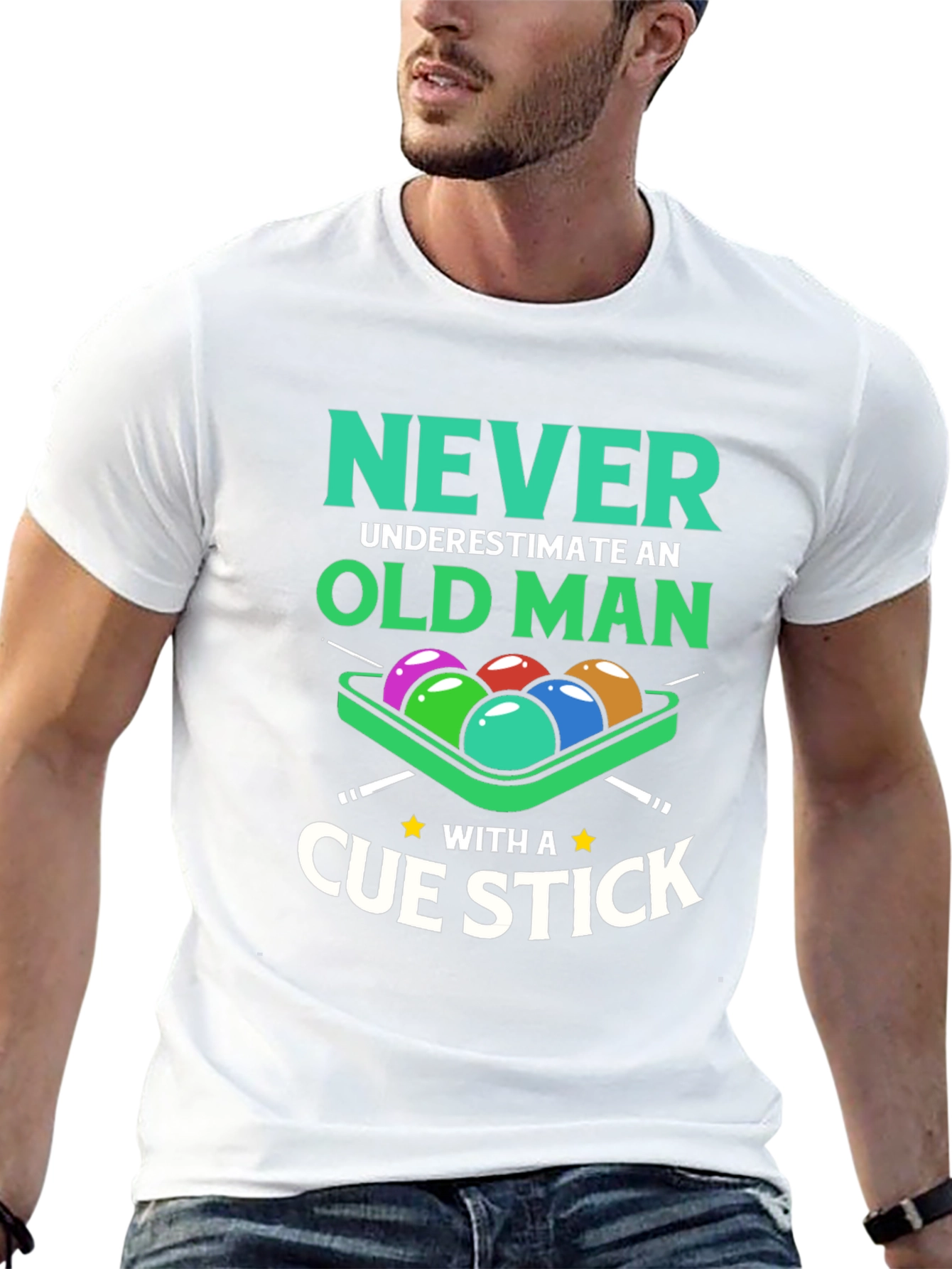 Never Underestimate Old Man Cue Stick Graphic Tee