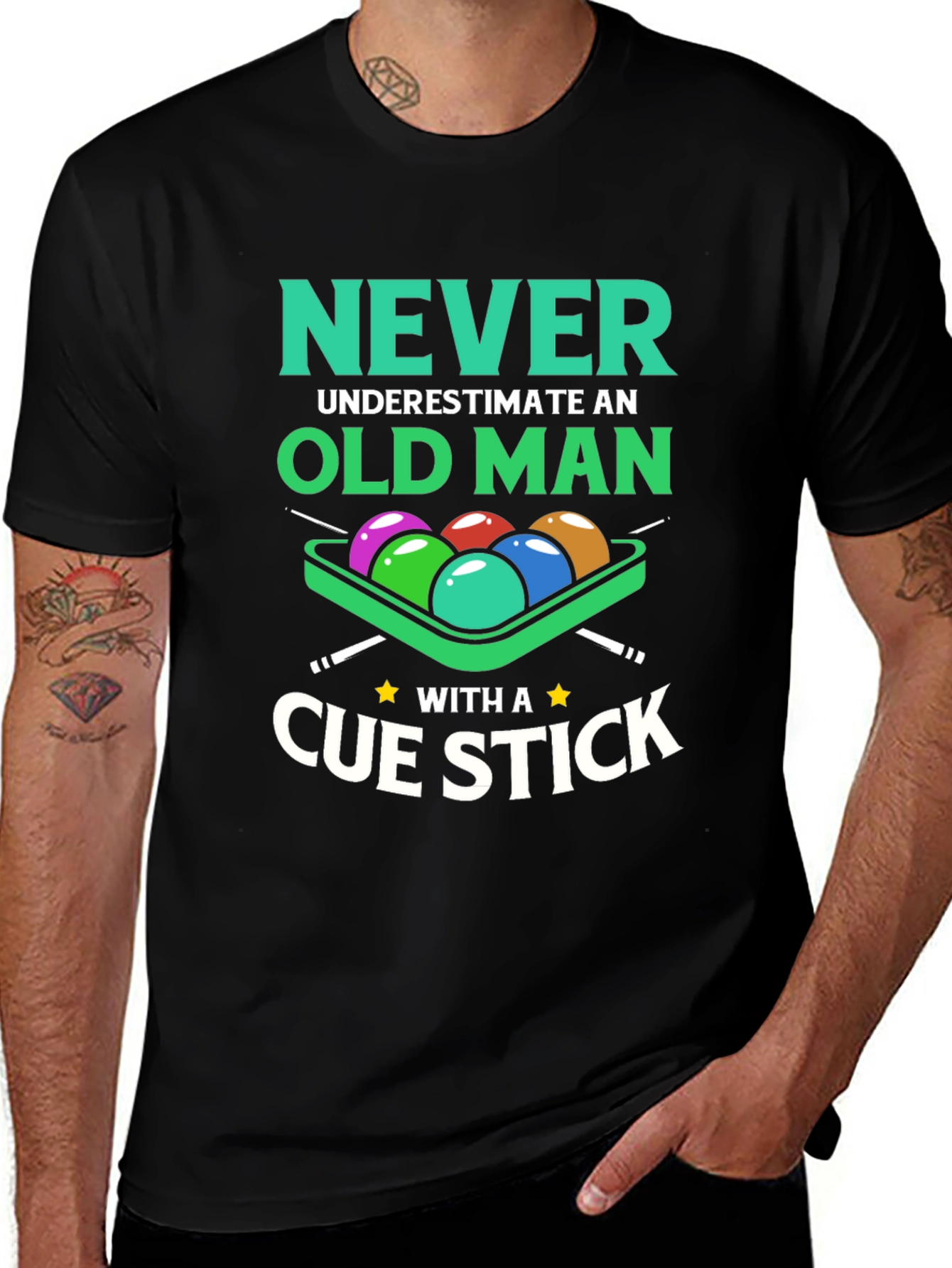 Never Underestimate Old Man Cue Stick Graphic Tee
