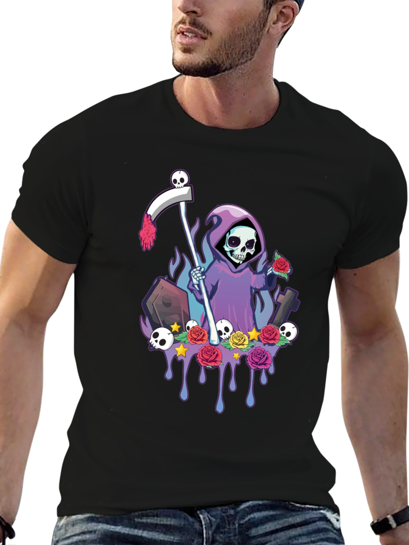 Grim Reaper Graphic Tee - Spooky Skeleton Shirt