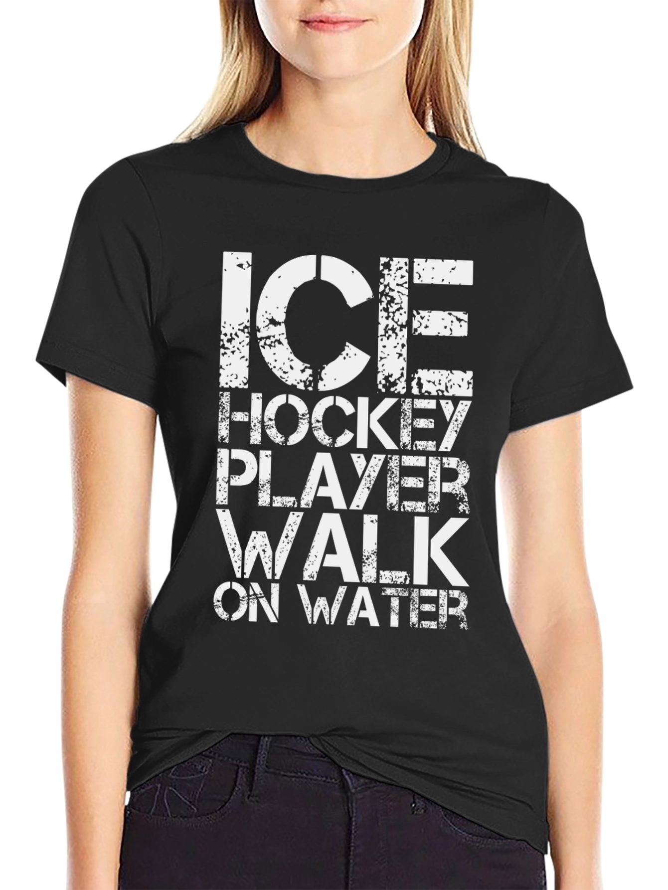 Ice Hockey Player Walk on Water Black T-Shirt