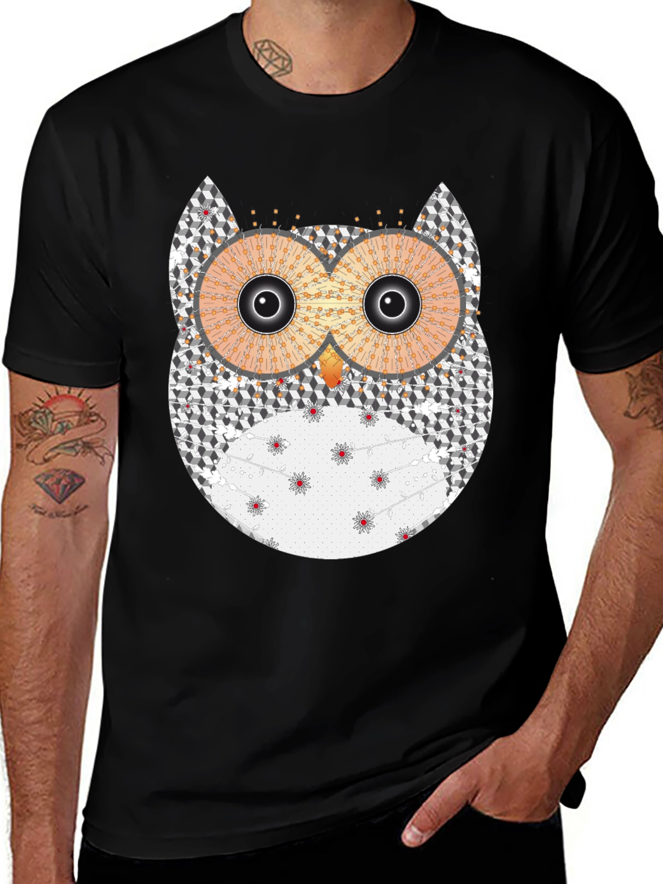 Mens Black Graphic Tee - Owl Print