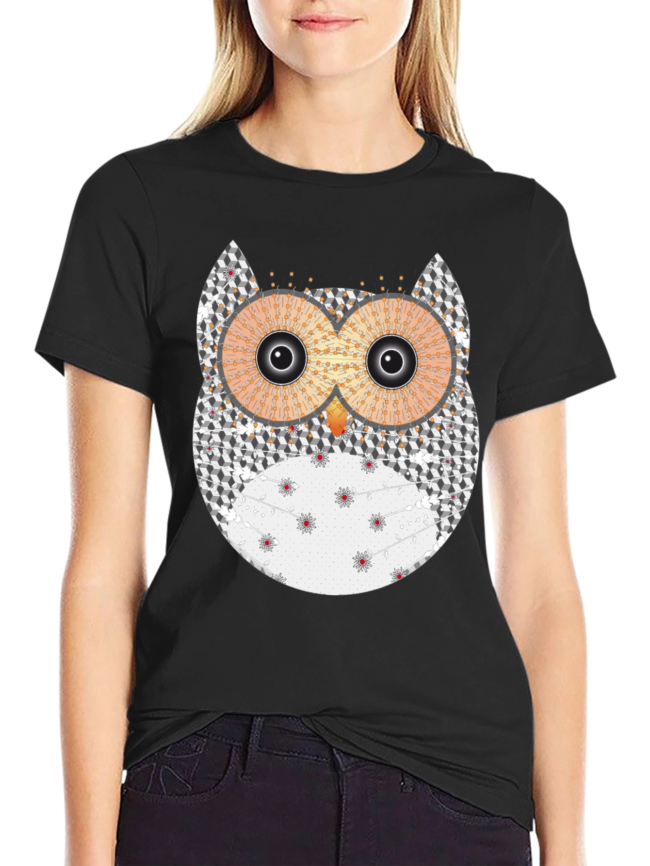 Mens Black Graphic Tee - Owl Print