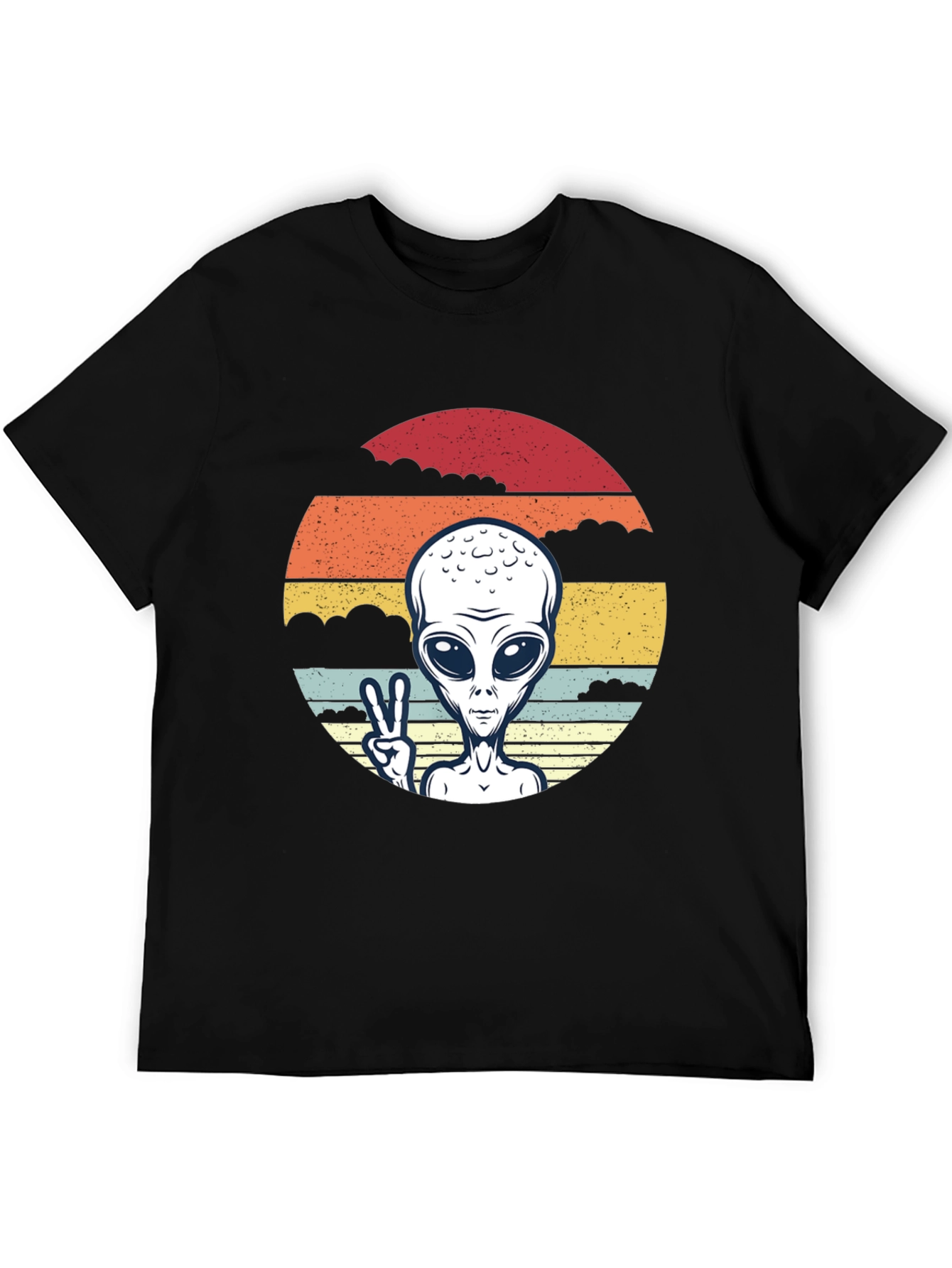 Retro Alien Peace Sign Graphic Tee - Black