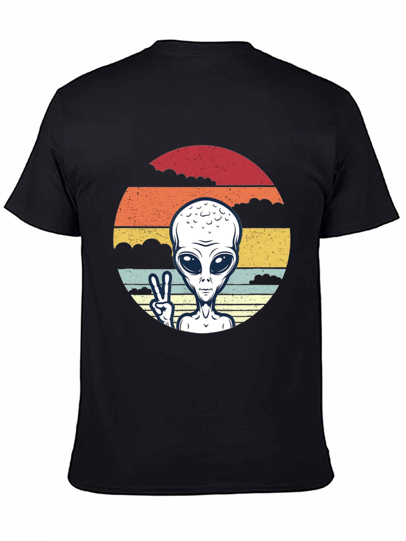 Retro Alien Peace Sign Graphic Tee - Black