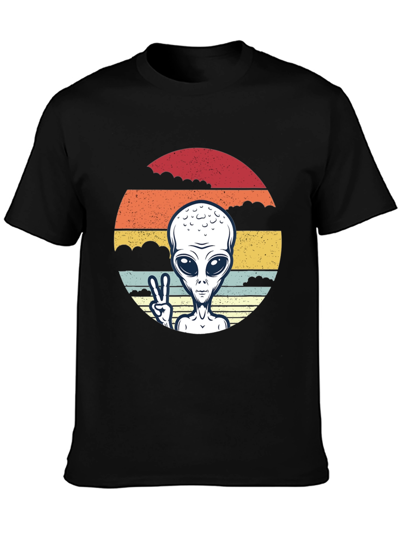 Retro Alien Peace Sign Graphic Tee - Black