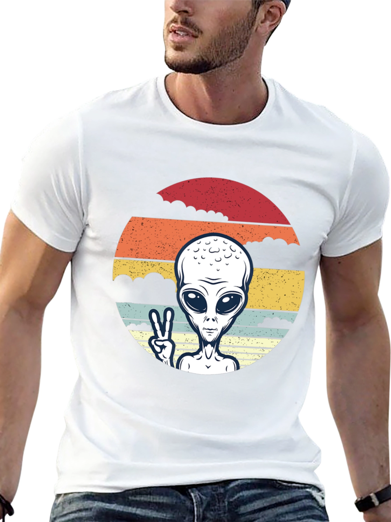 Retro Alien Peace Sign Graphic Tee - Black