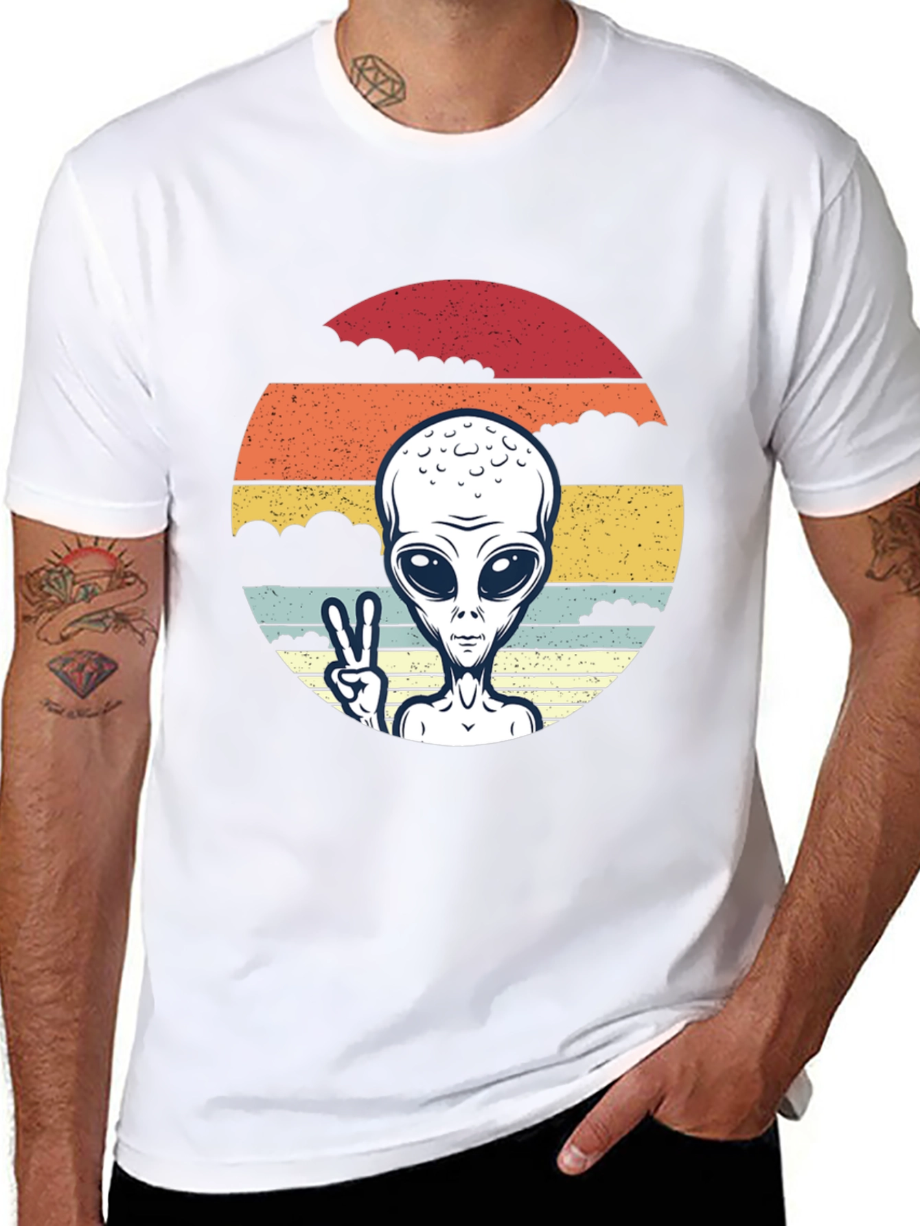 Retro Alien Peace Sign Graphic Tee - Black