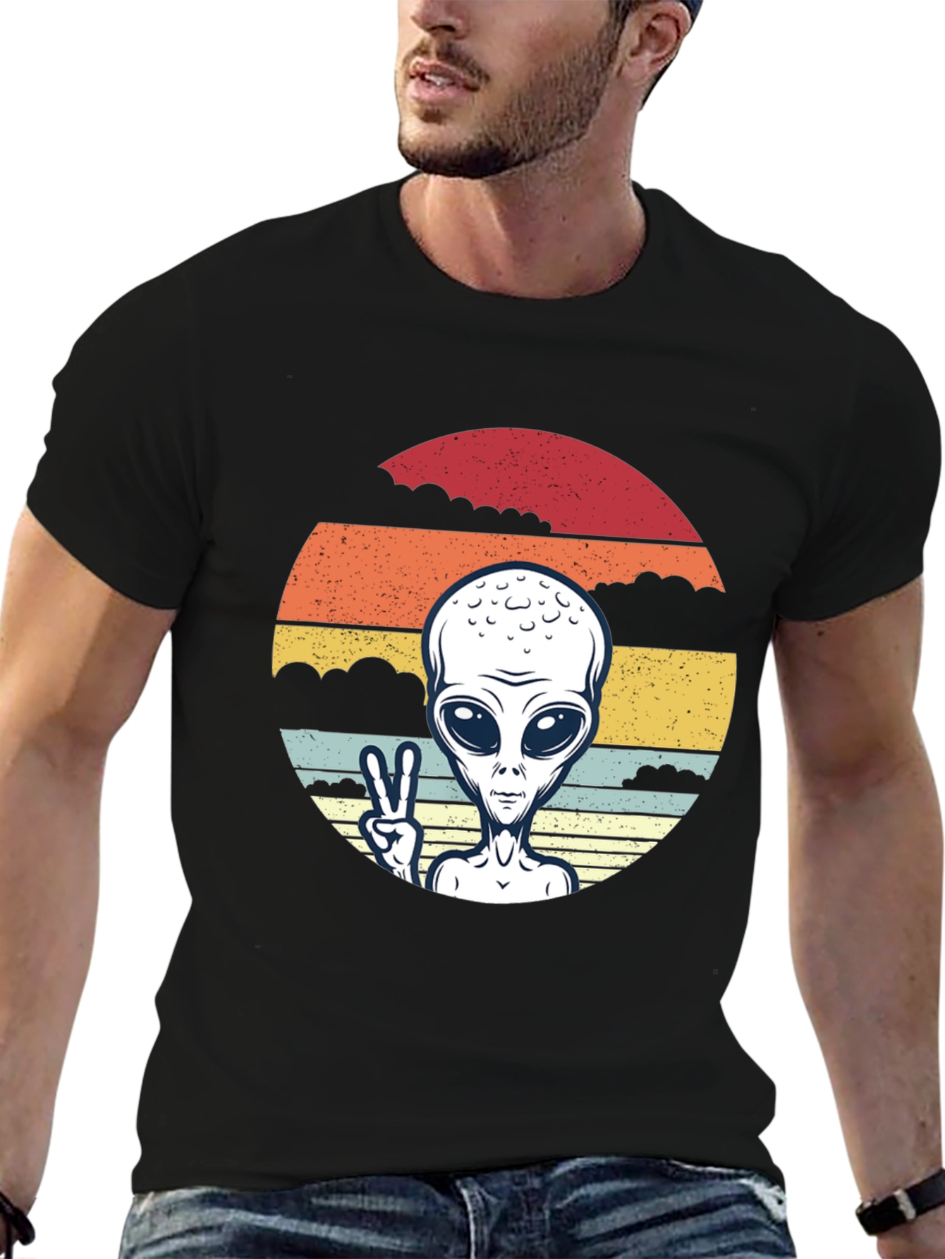 Retro Alien Peace Sign Graphic Tee - Black