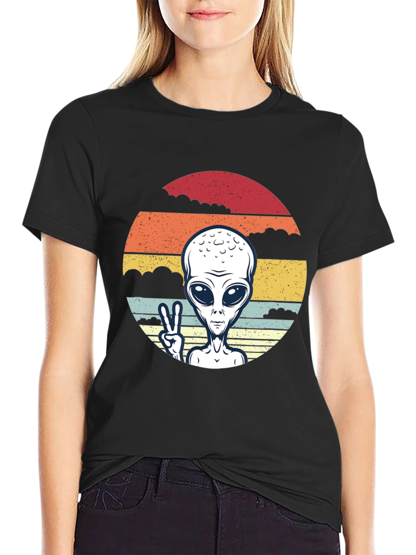 Retro Alien Peace Sign Graphic Tee - Black