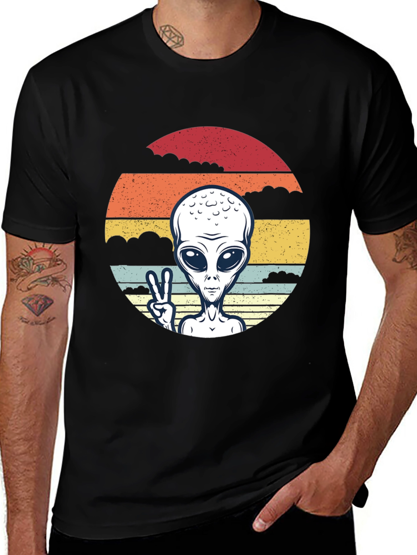 Retro Alien Peace Sign Graphic Tee - Black