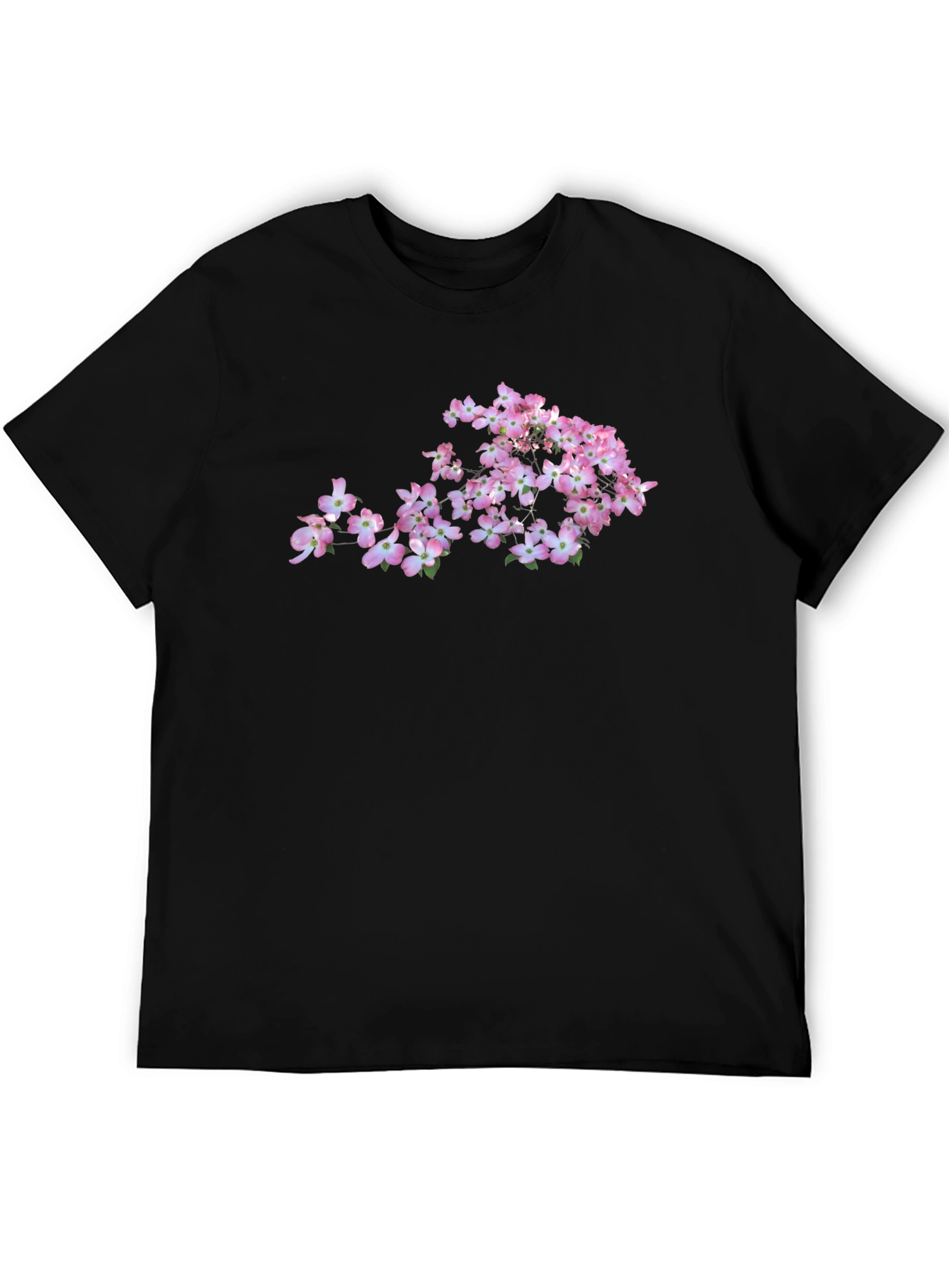 Pink Dogwood Flower Graphic Black T-Shirt
