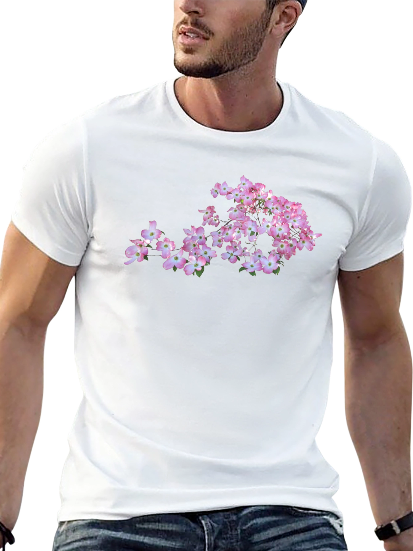 Pink Dogwood Flower Graphic Black T-Shirt