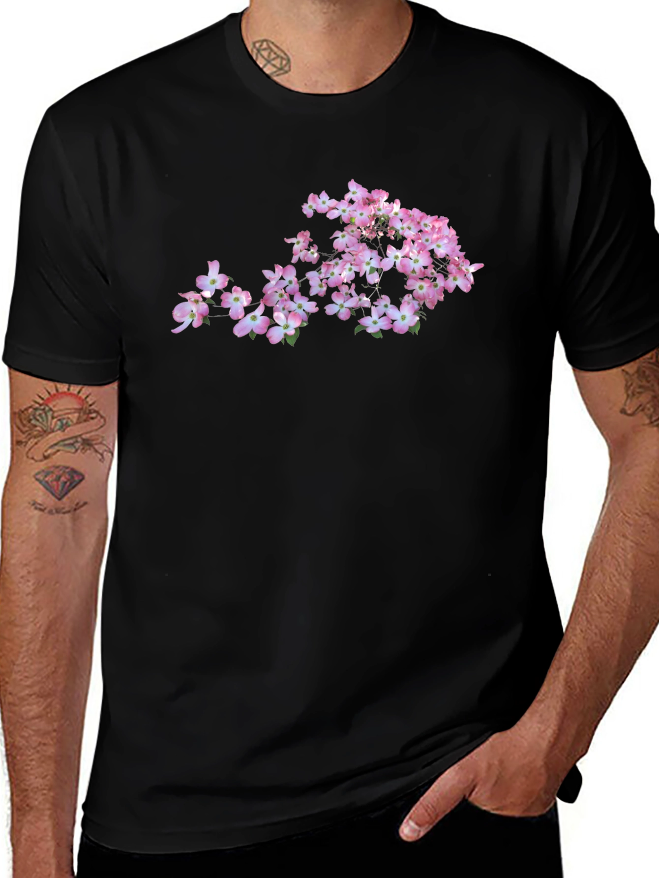 Pink Dogwood Flower Graphic Black T-Shirt