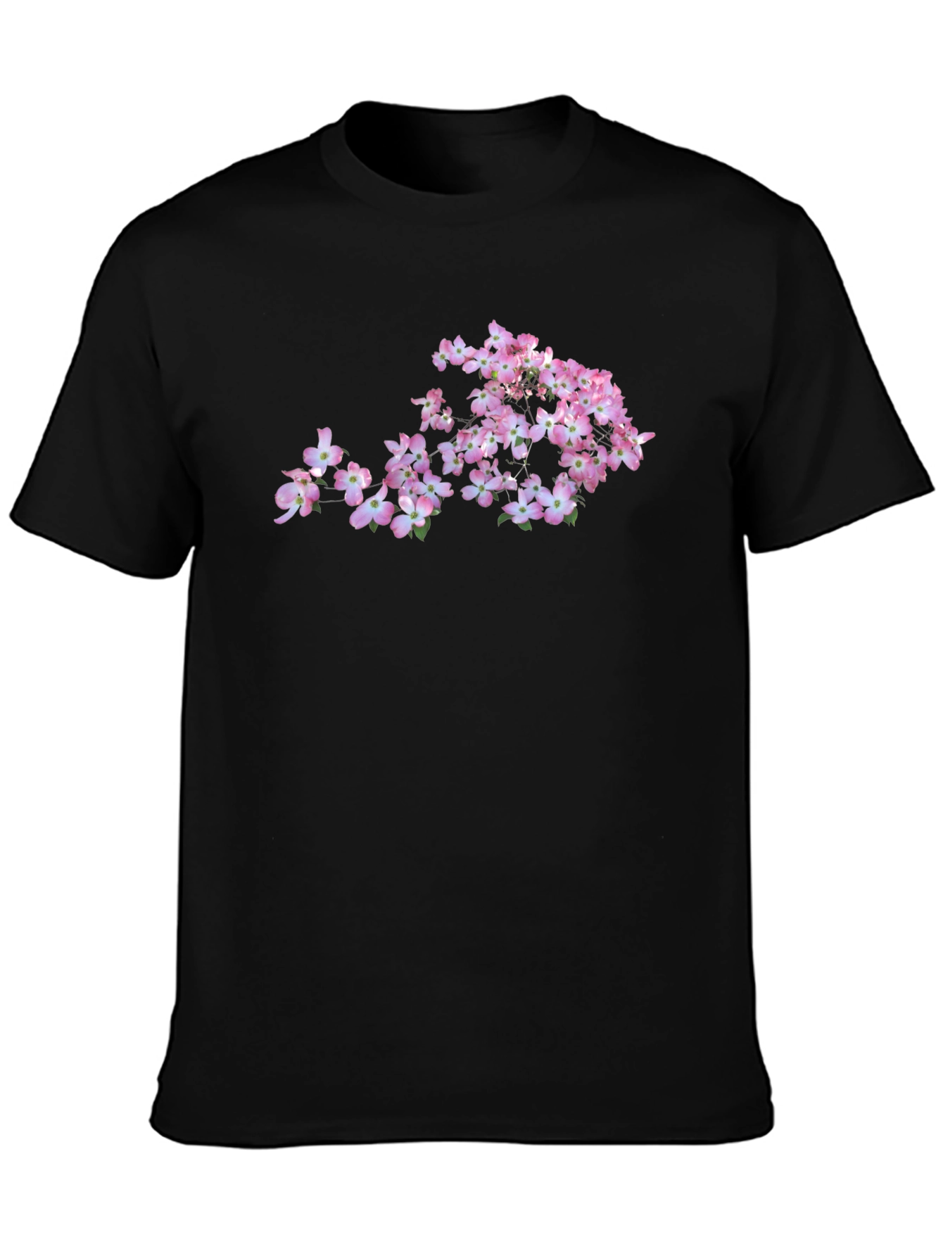 Pink Dogwood Flower Graphic Black T-Shirt