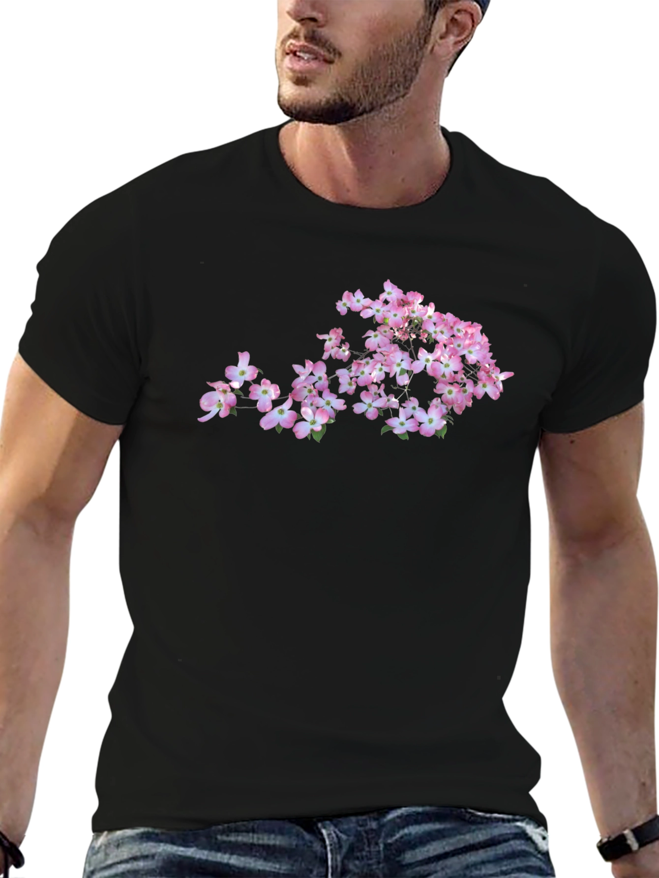 Pink Dogwood Flower Graphic Black T-Shirt