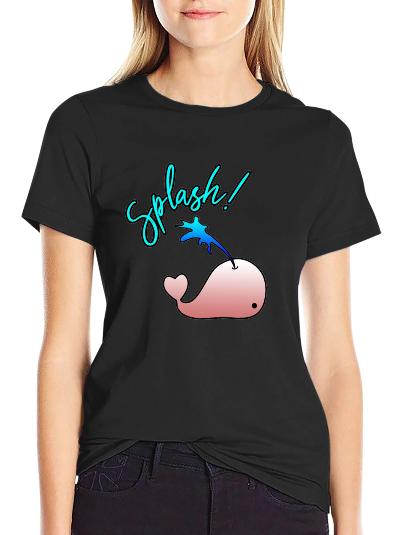 Splash! Pink Whale Graphic Black T-Shirt