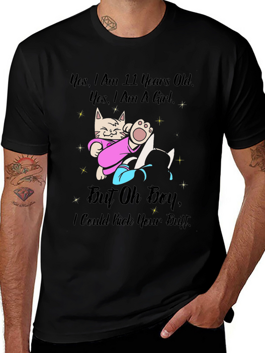 Funny 11 Year Old Girl T-Shirt - Cat Kick Butt Design
