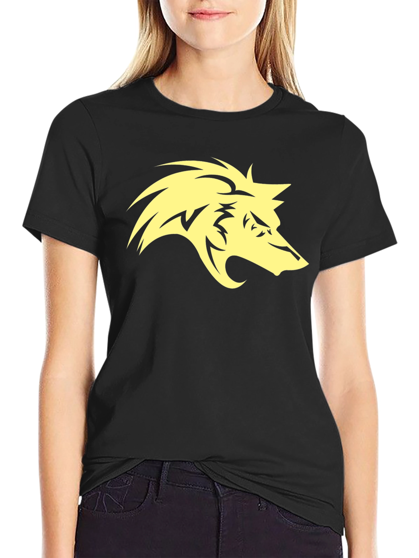 Mens Black T-Shirt with Yellow Wolf Graphic