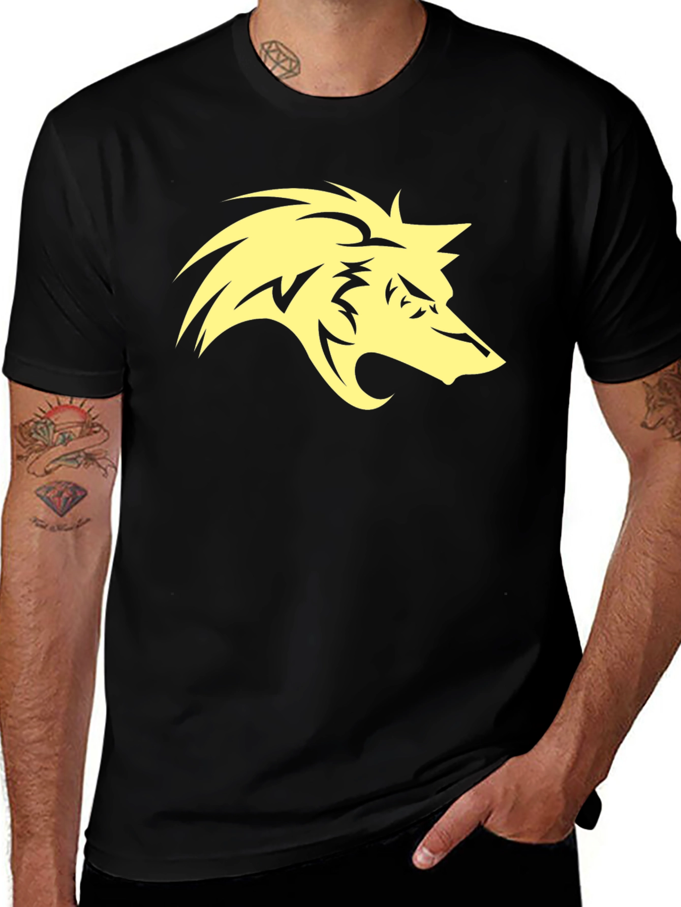Mens Black T-Shirt with Yellow Wolf Graphic