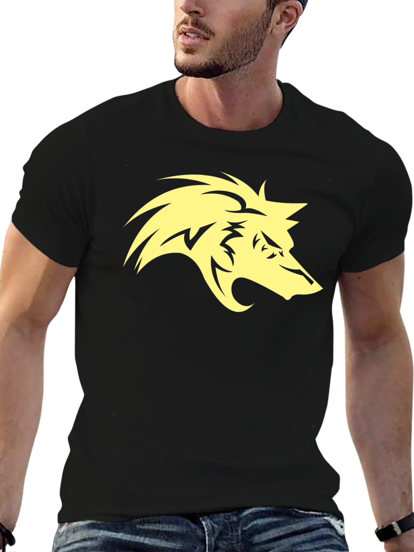 Mens Black T-Shirt with Yellow Wolf Graphic