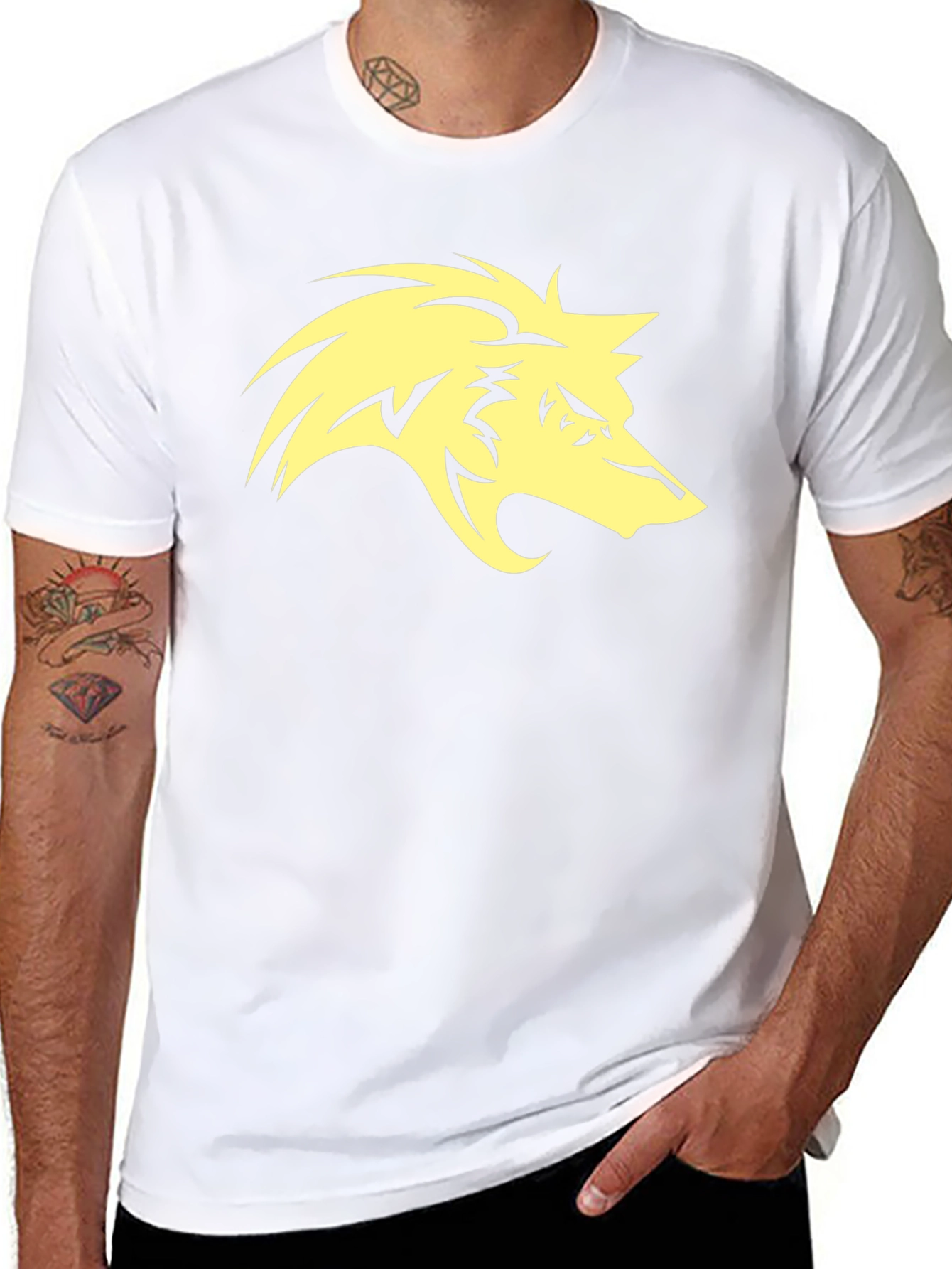 Mens Black T-Shirt with Yellow Wolf Graphic