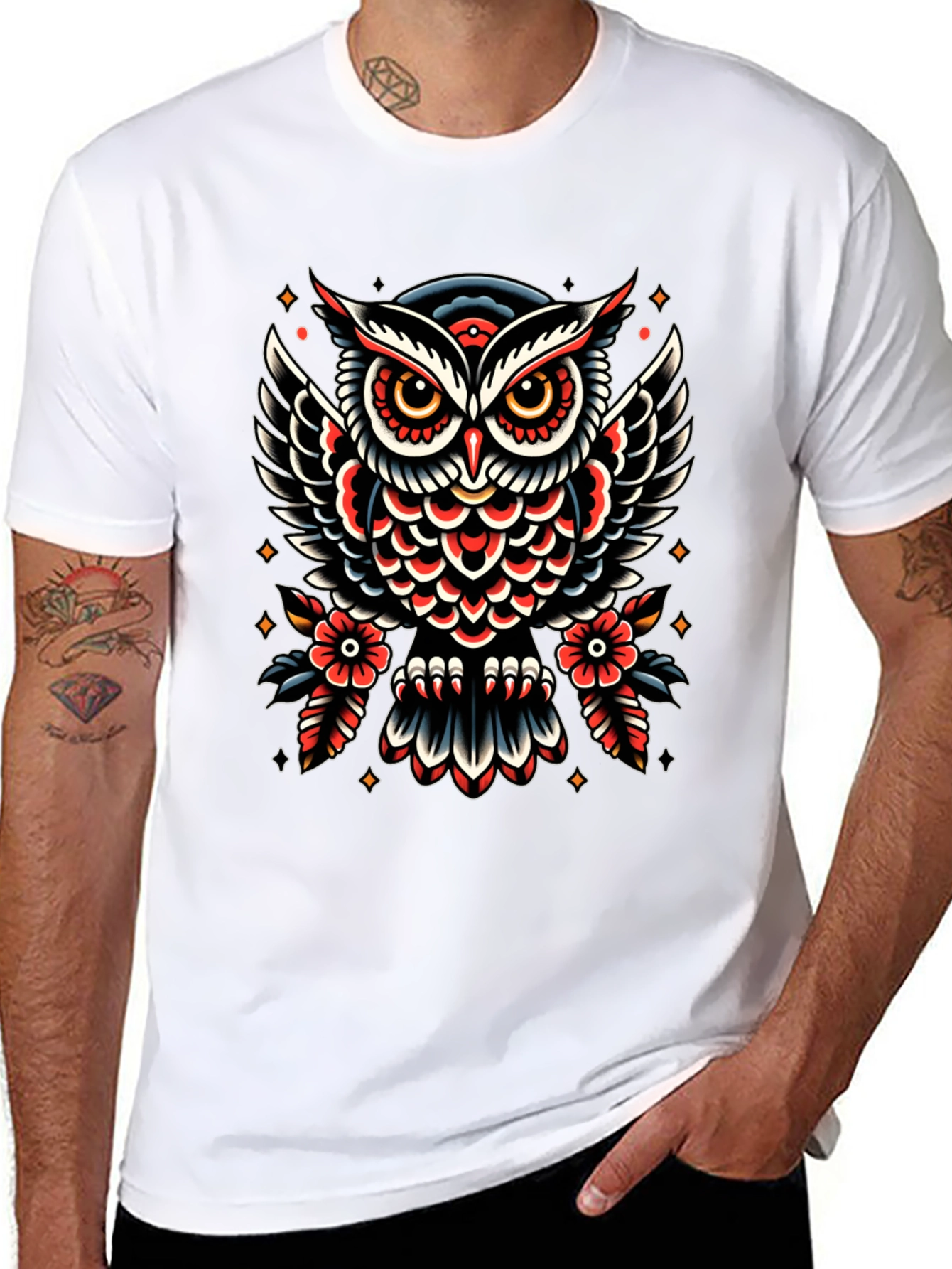 Owl Tattoo Print Black T-Shirt