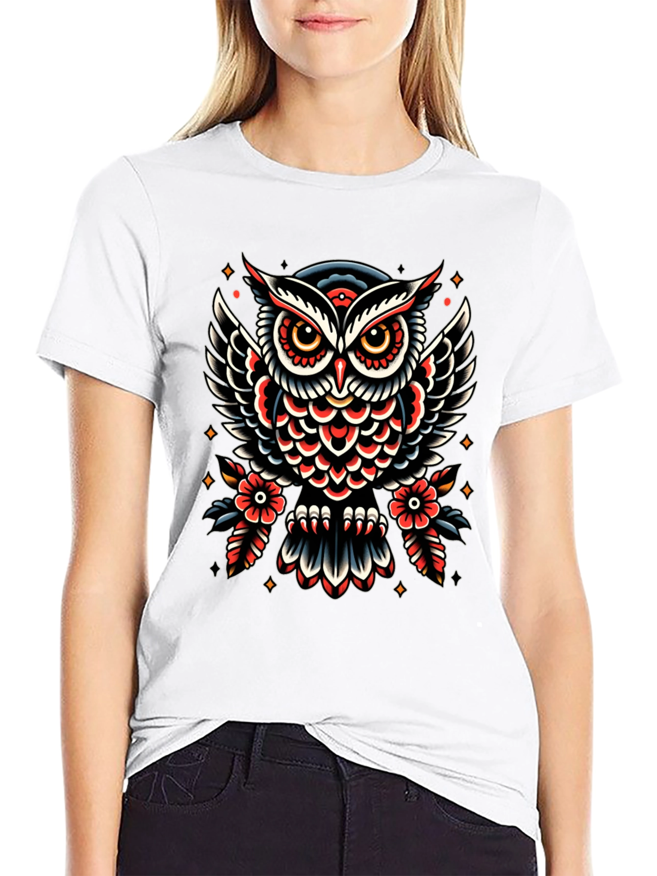 Owl Tattoo Print Black T-Shirt