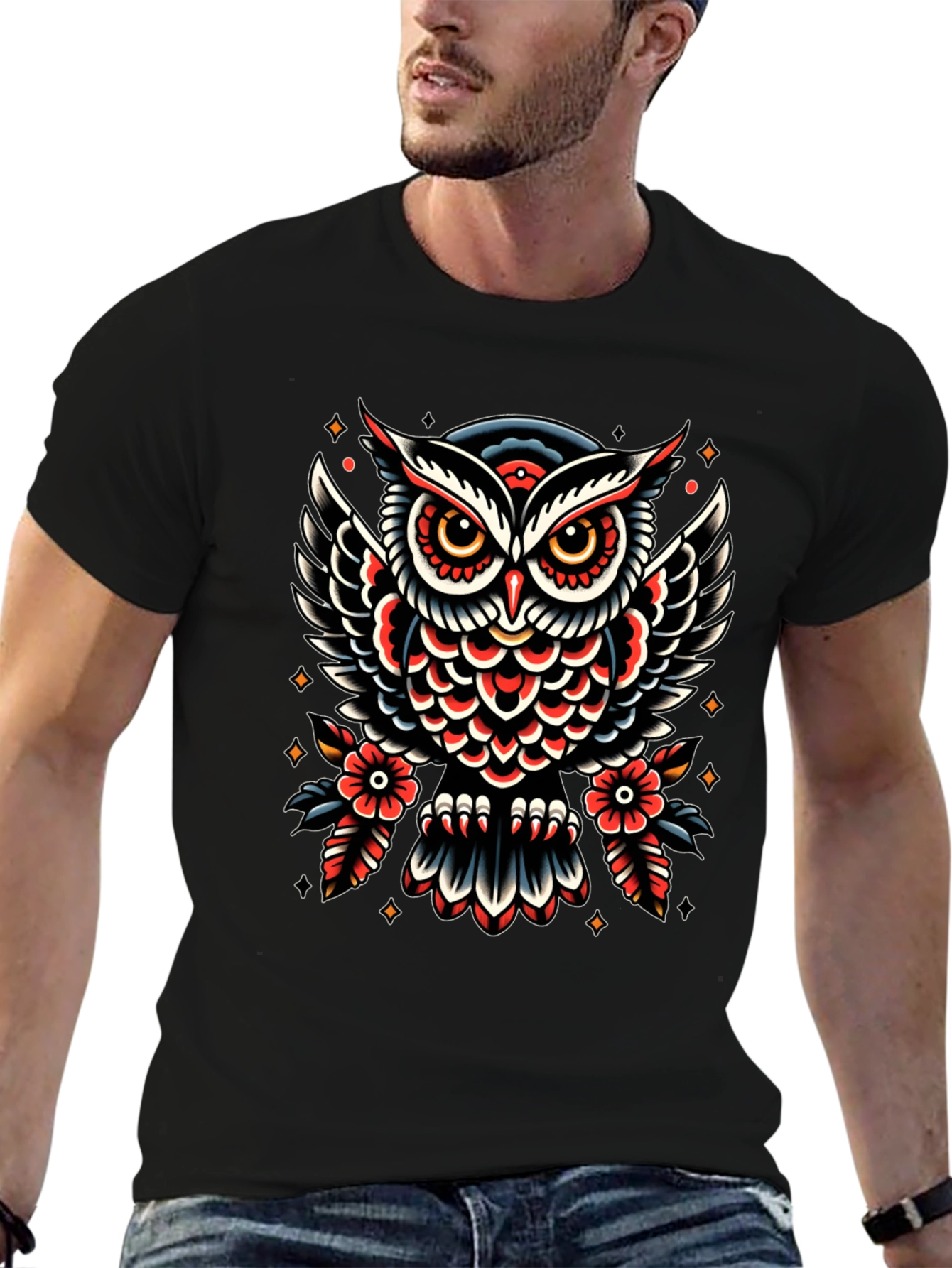 Owl Tattoo Print Black T-Shirt
