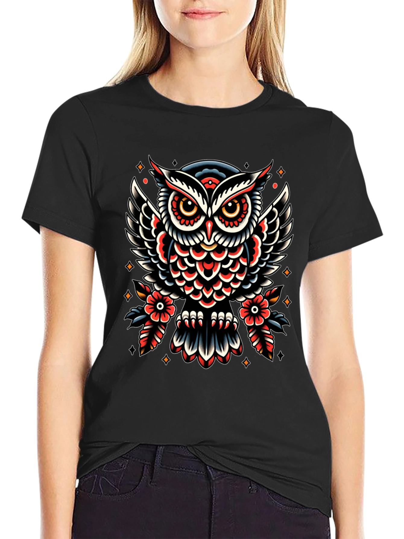 Owl Tattoo Print Black T-Shirt