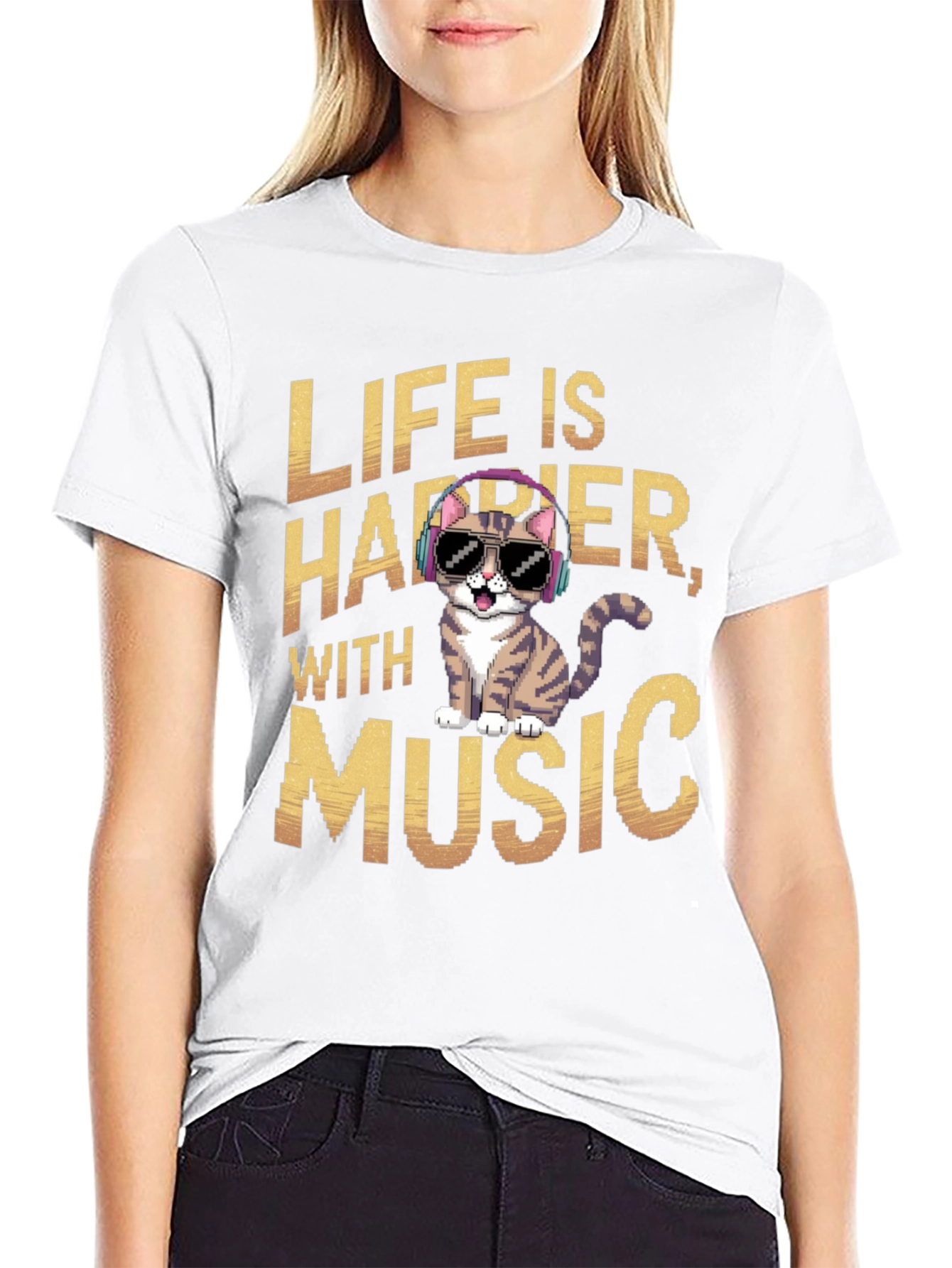 Life is Happier with Music Cat T-Shirt