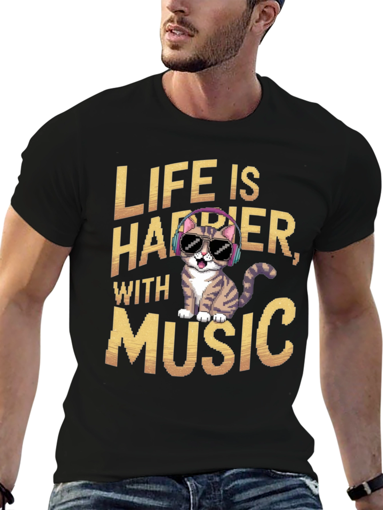 Life is Happier with Music Cat T-Shirt