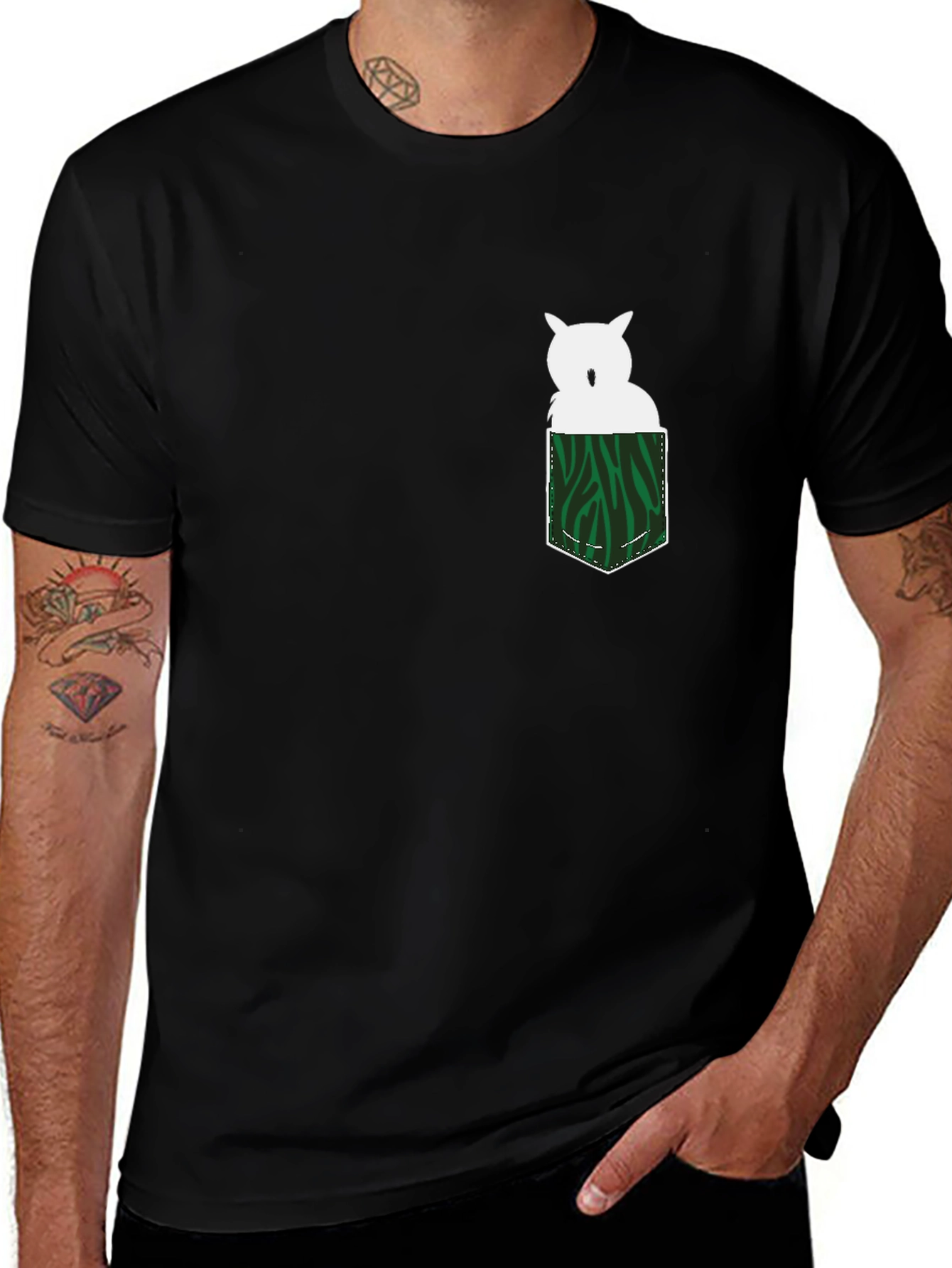 Owl in Pocket Graphic Tee - Mens Black T-Shirt