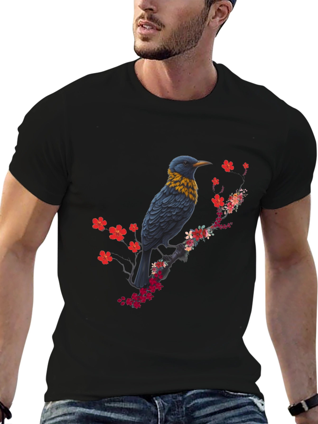 Bird and Blossom Print Black T-Shirt