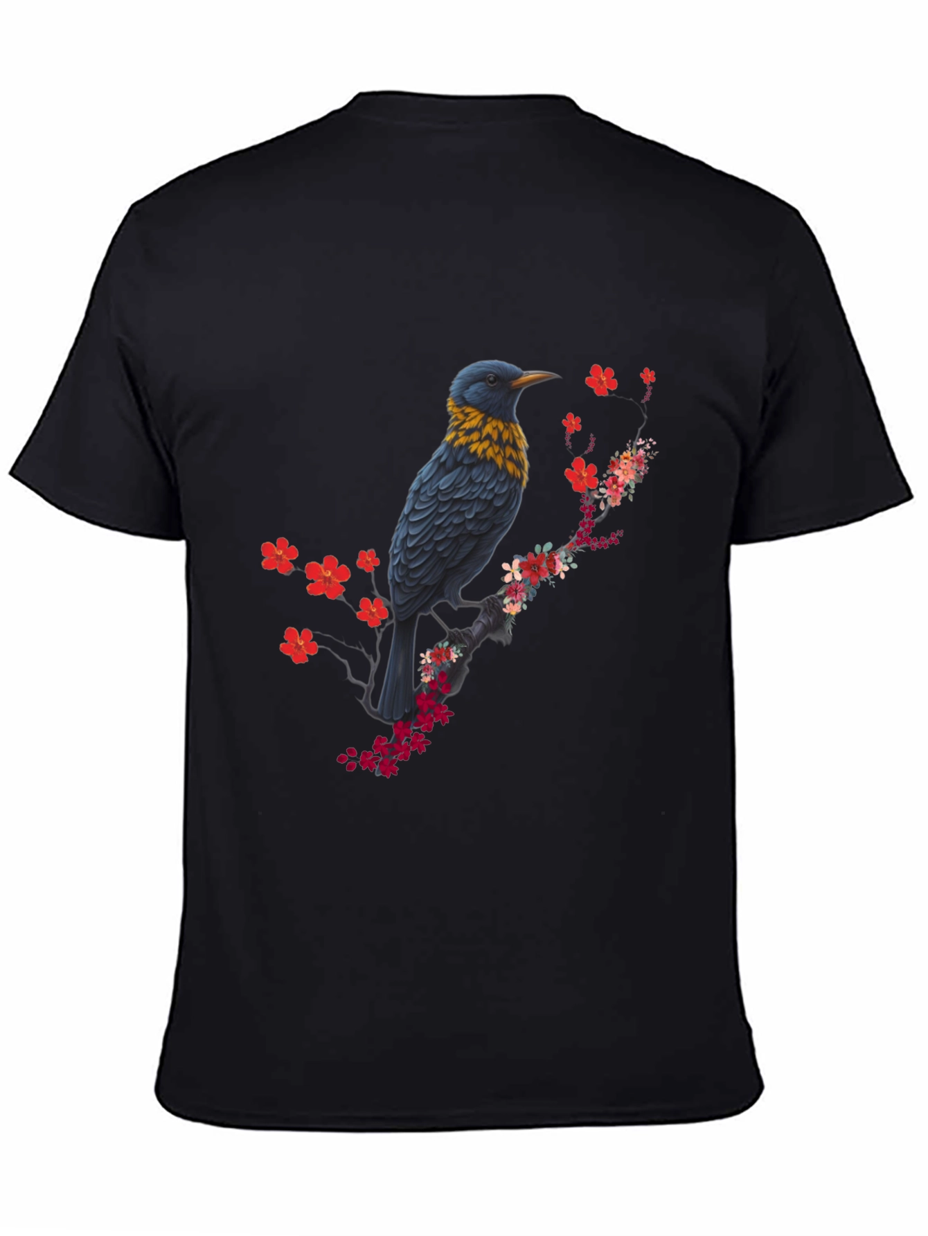 Bird and Blossom Print Black T-Shirt