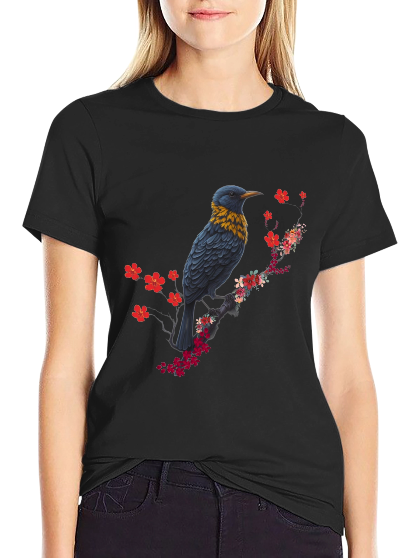 Bird and Blossom Print Black T-Shirt