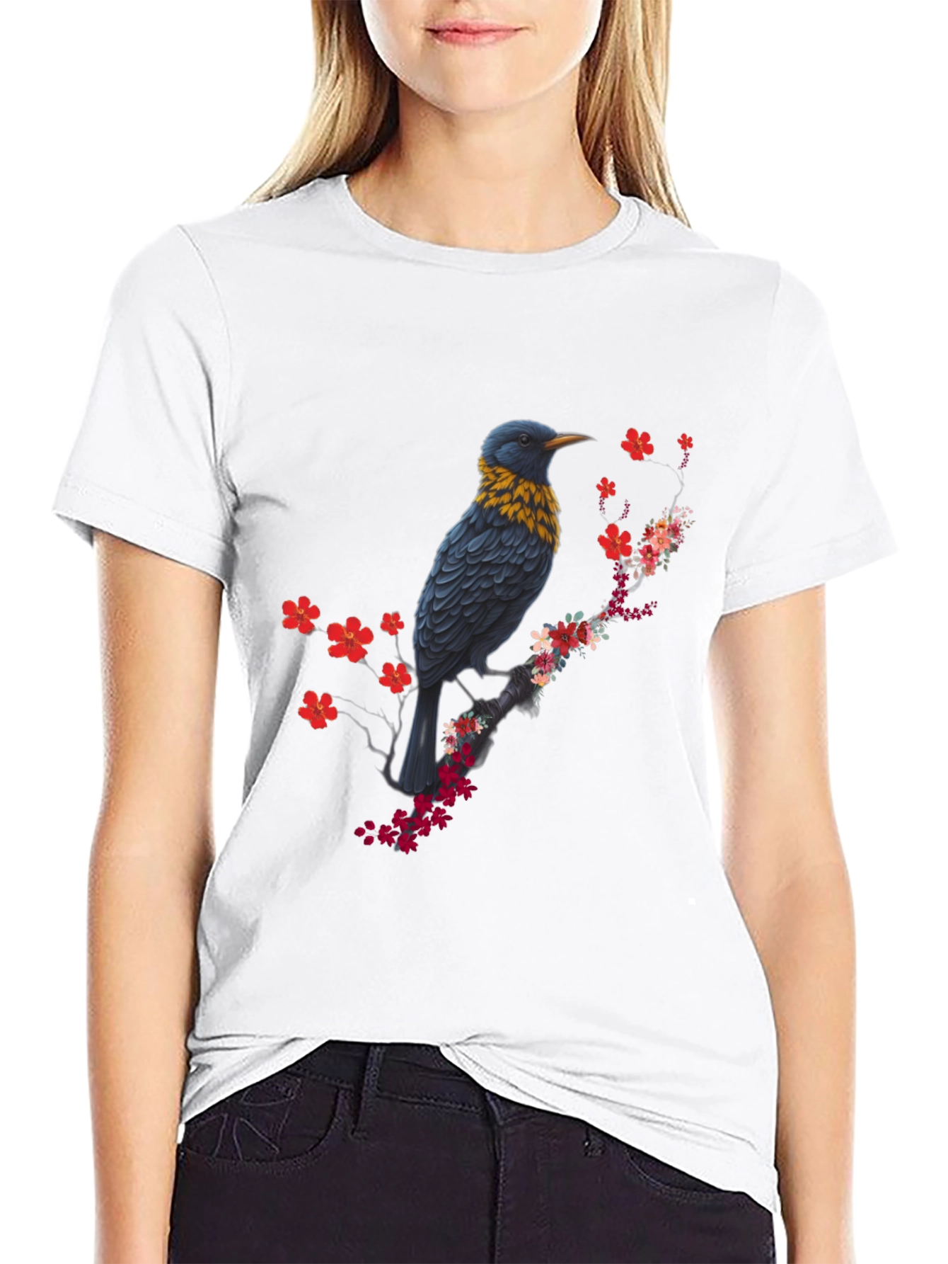Bird and Blossom Print Black T-Shirt