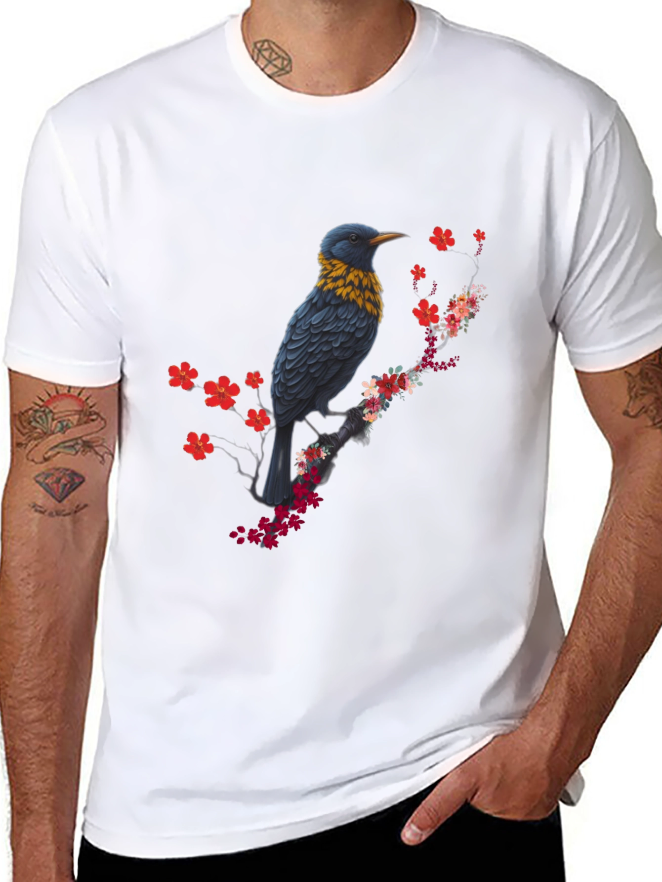 Bird and Blossom Print Black T-Shirt
