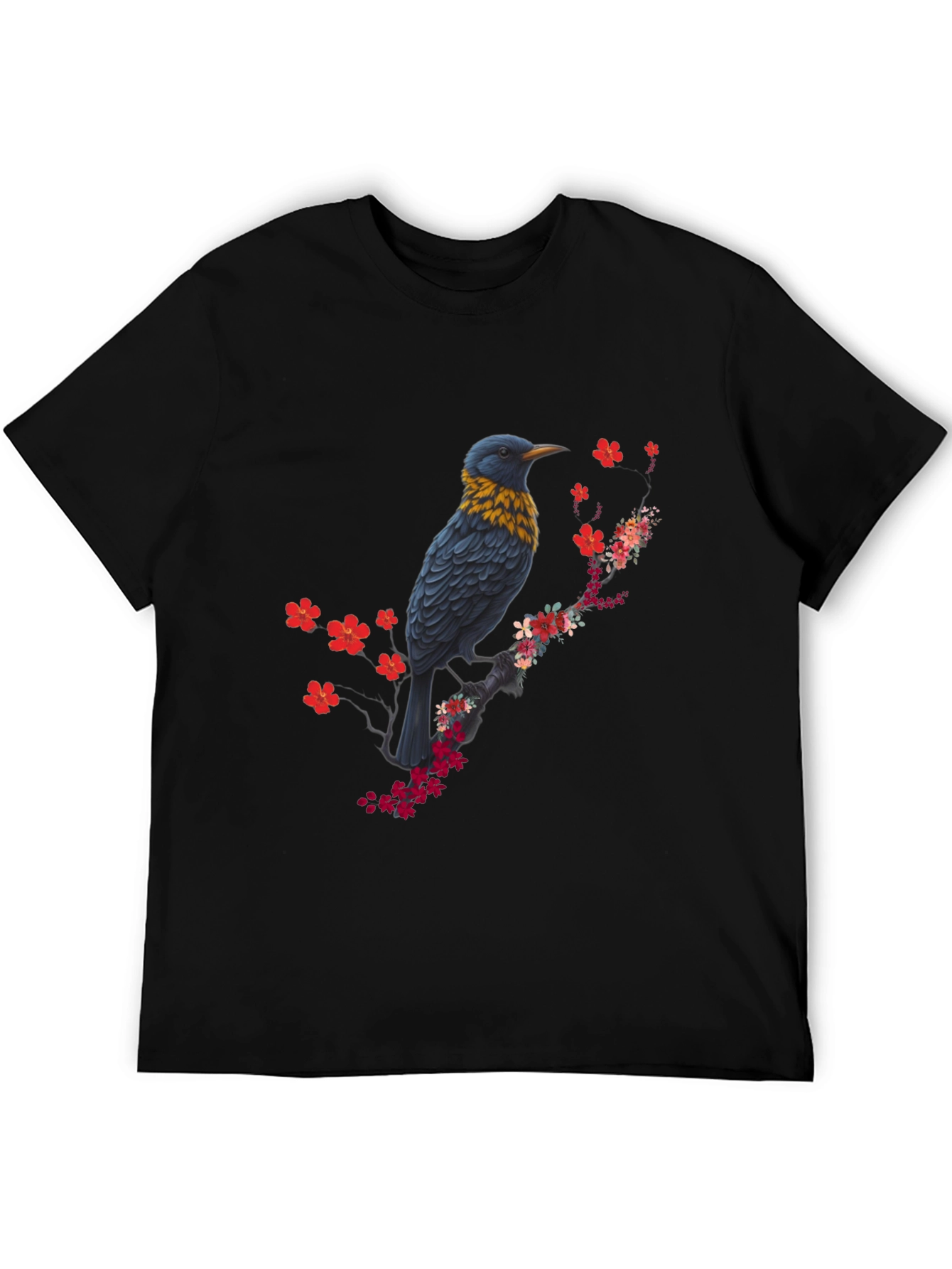 Bird and Blossom Print Black T-Shirt
