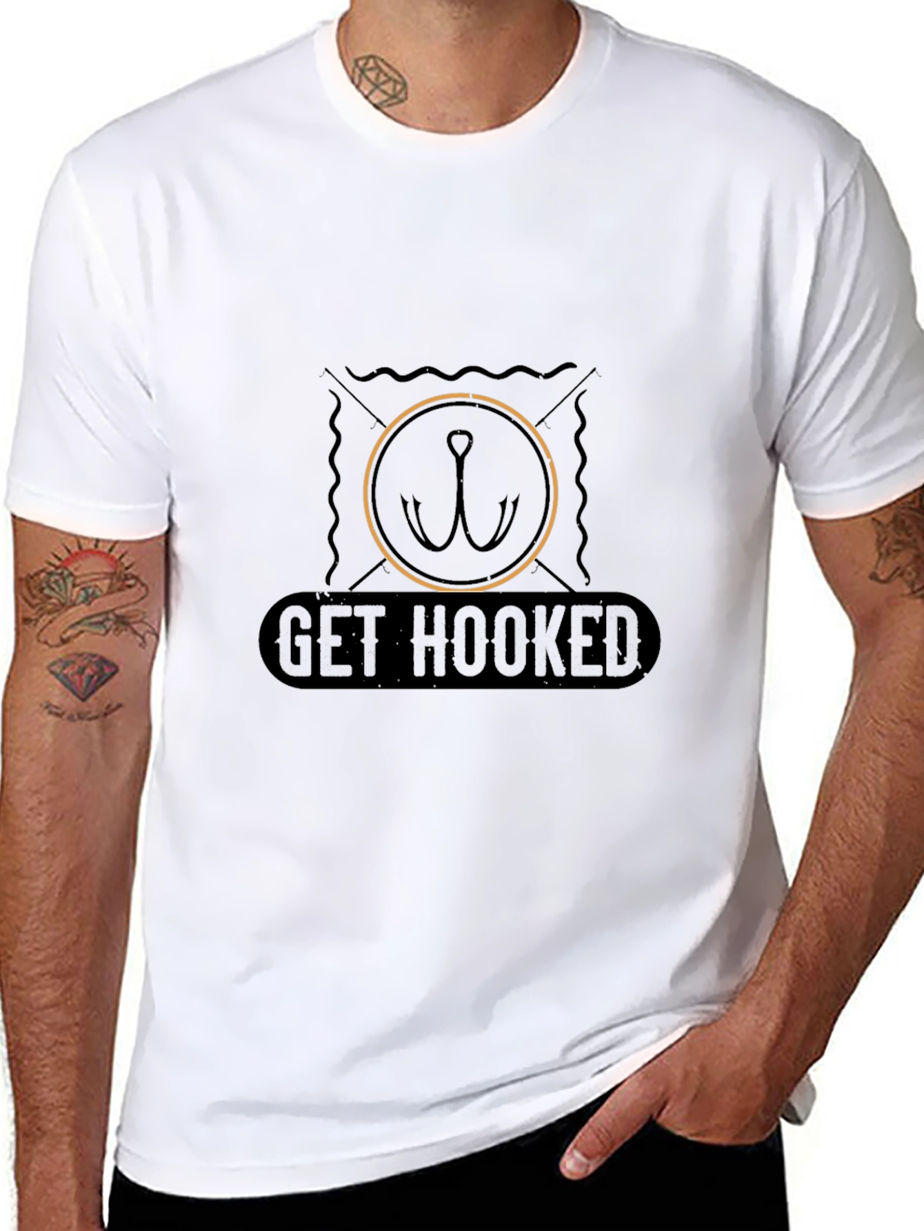 Get Hooked Fishing T-Shirt - Black Casual Tee