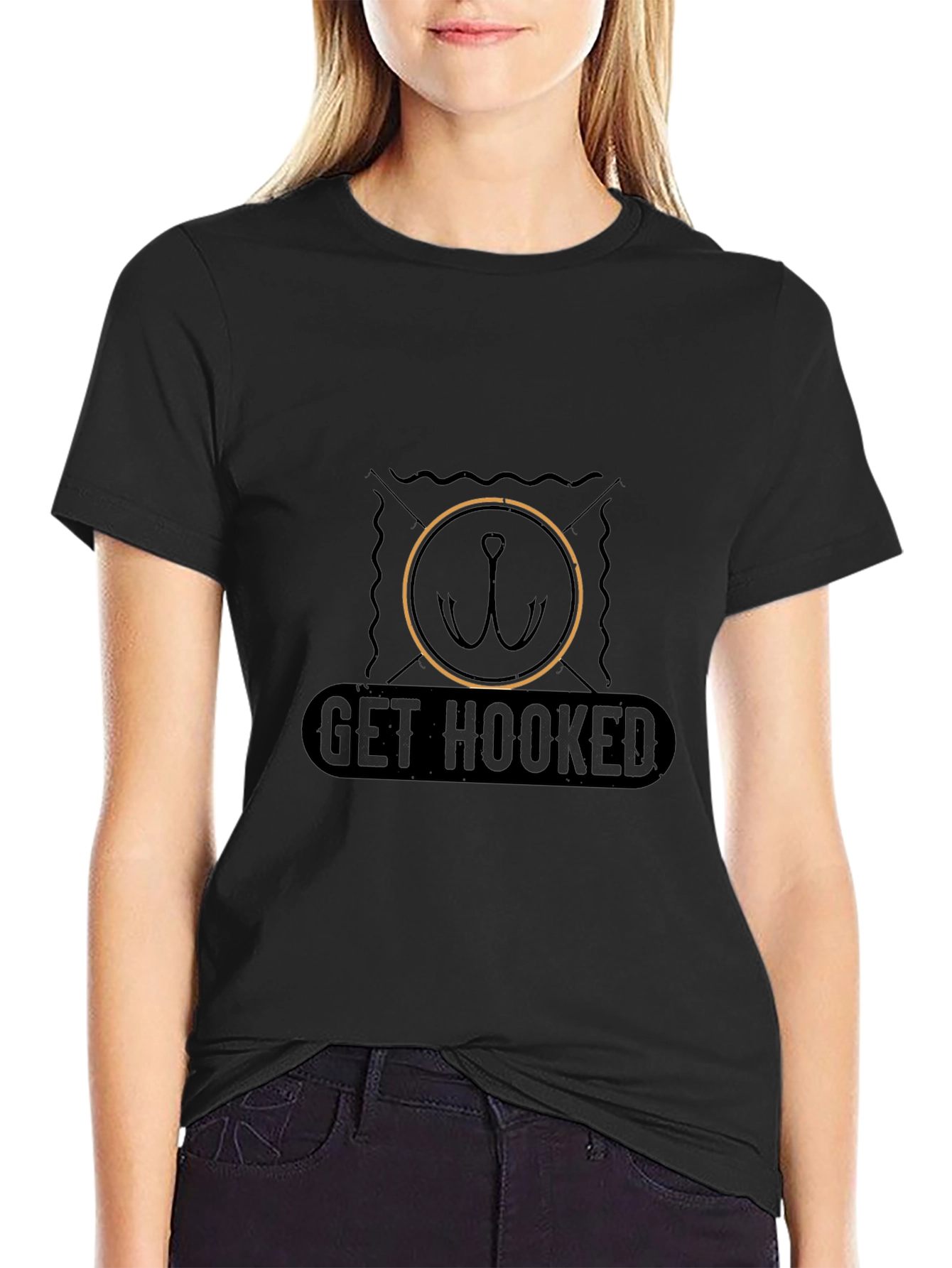 Get Hooked Fishing T-Shirt - Black Casual Tee