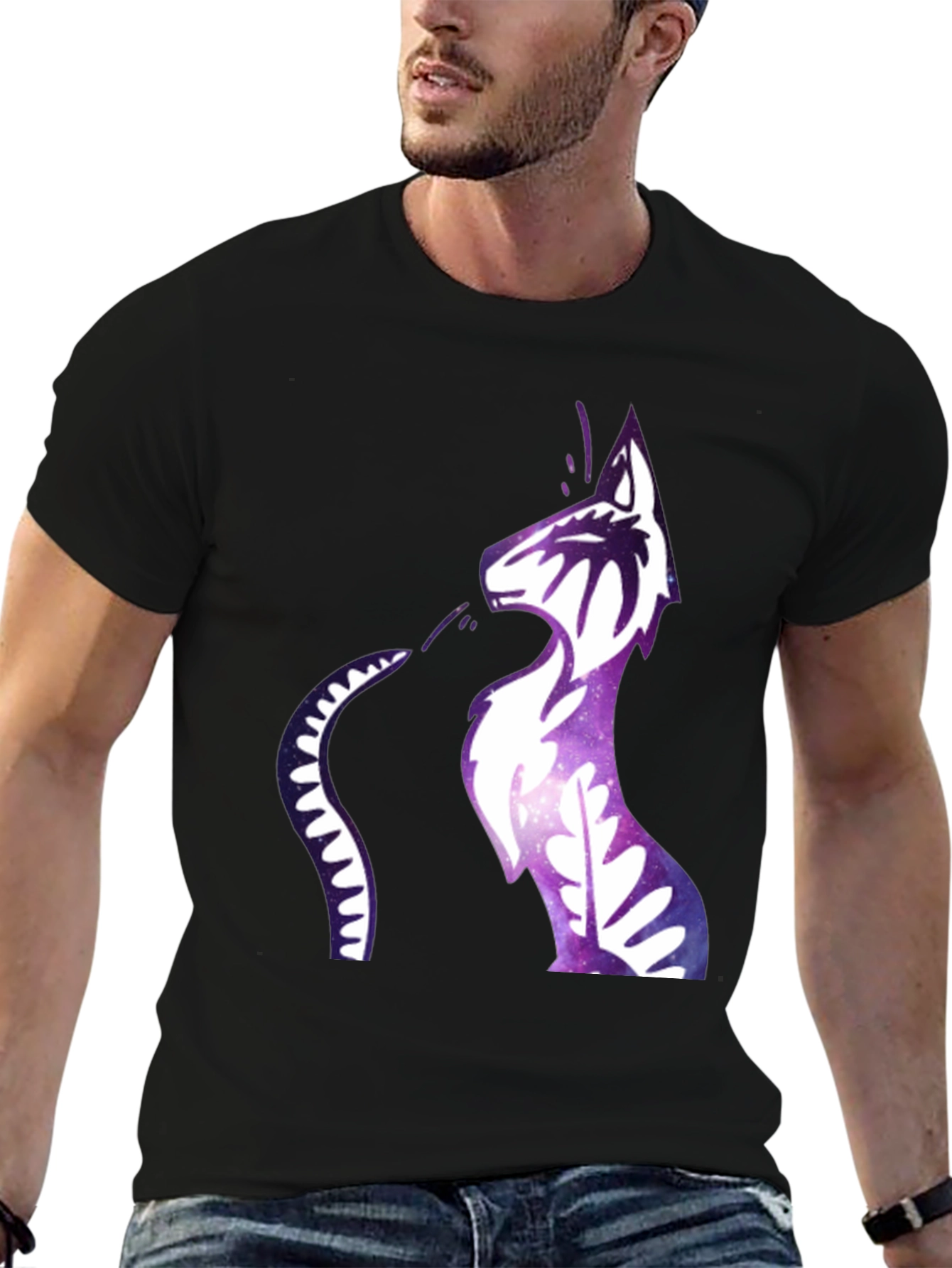 Galaxy Cat Graphic Print Black T-Shirt