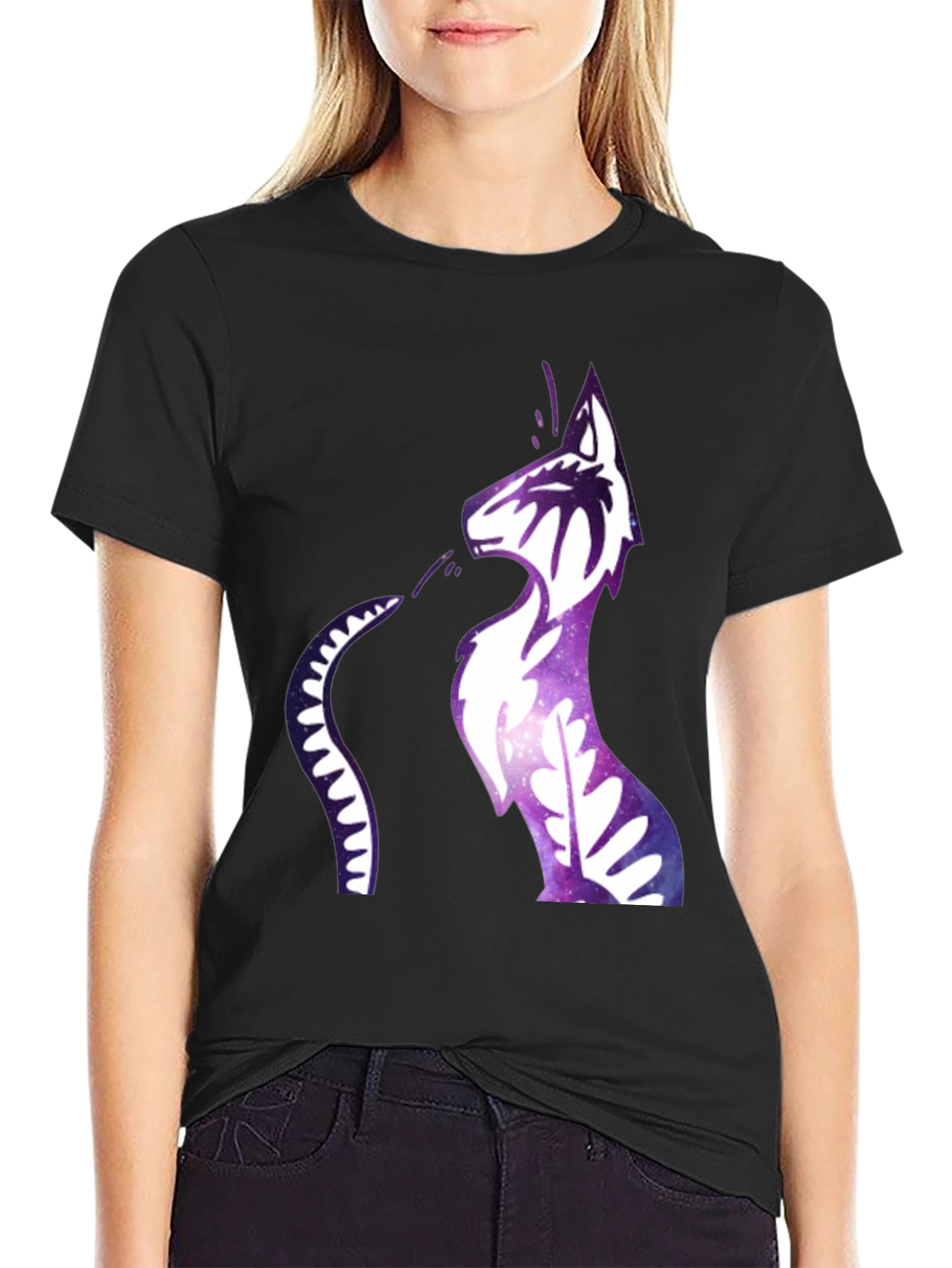 Galaxy Cat Graphic Print Black T-Shirt