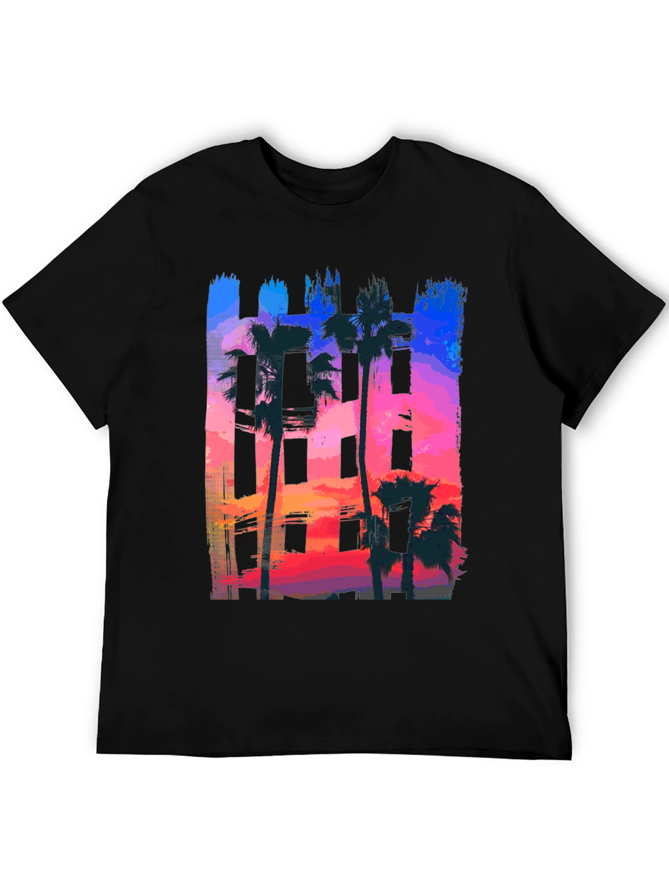 Sunset Palm Tree Graphic Tee - Black Cotton T-Shirt