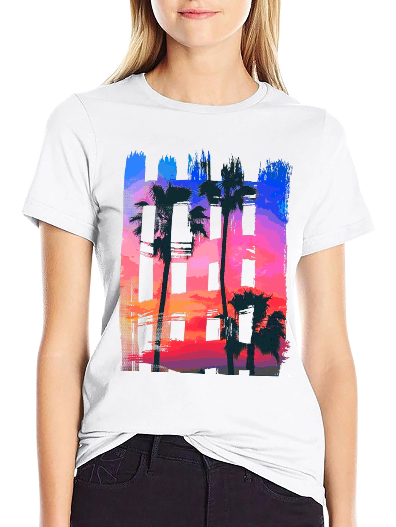 Sunset Palm Tree Graphic Tee - Black Cotton T-Shirt