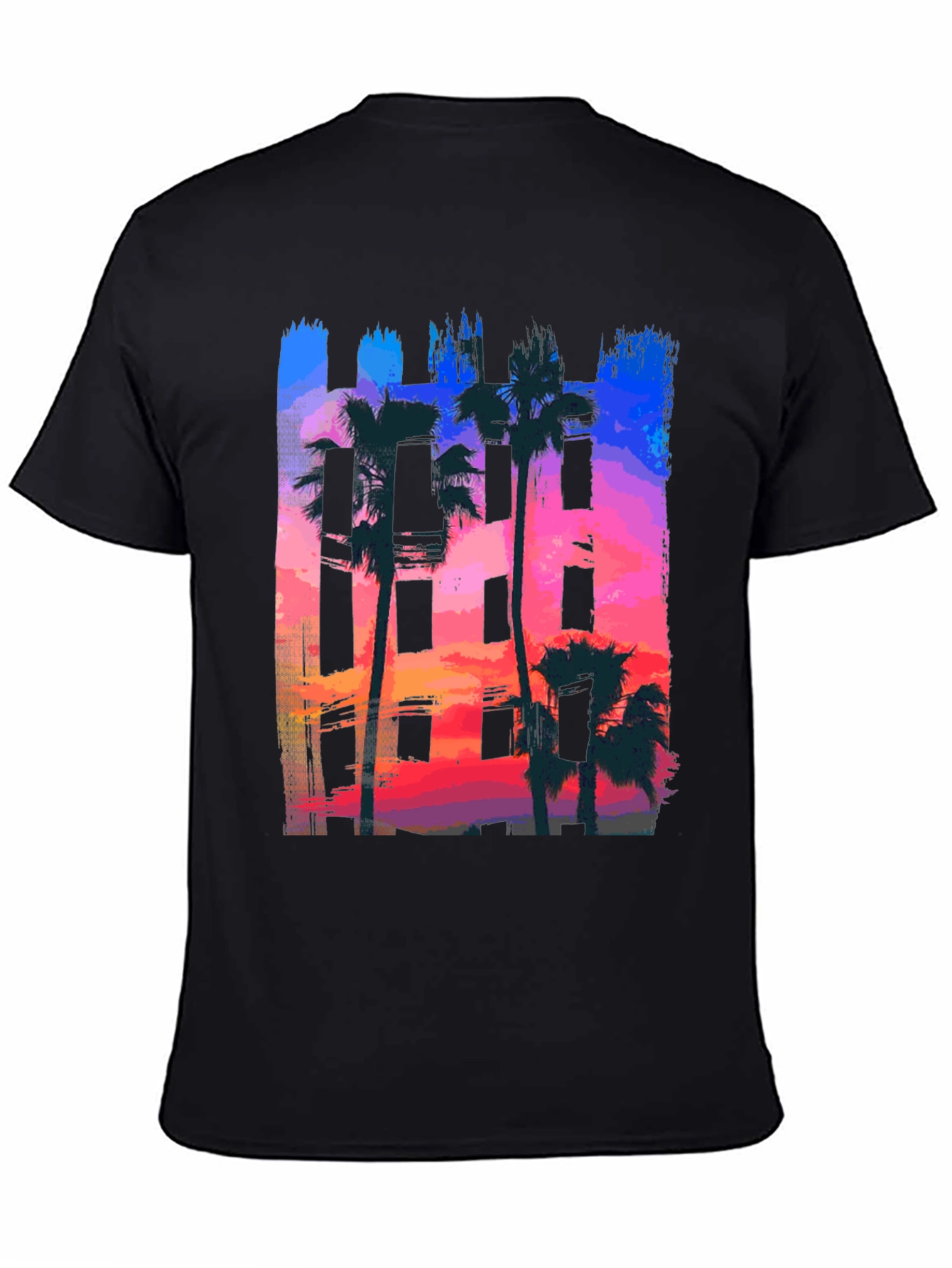 Sunset Palm Tree Graphic Tee - Black Cotton T-Shirt