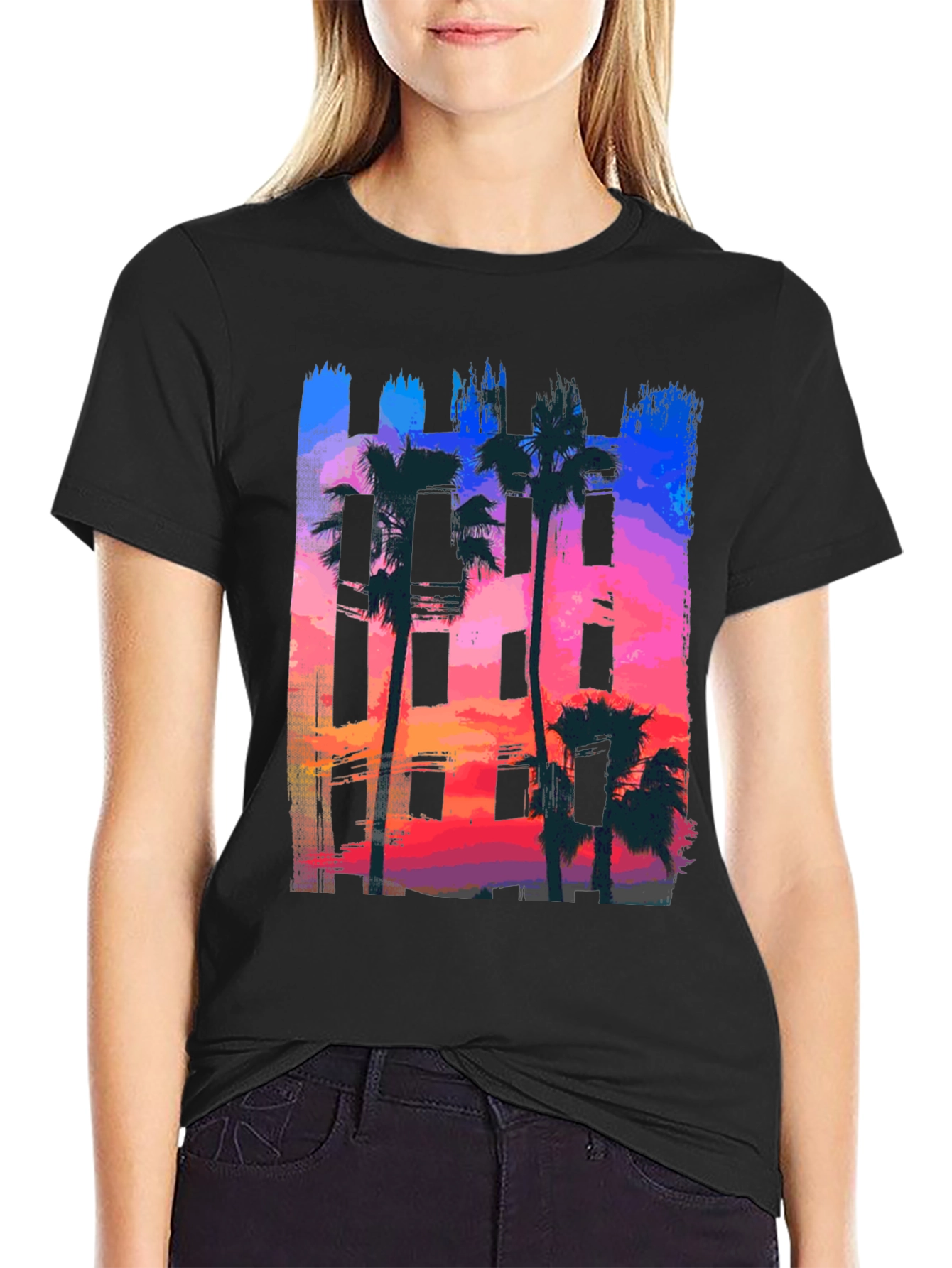 Sunset Palm Tree Graphic Tee - Black Cotton T-Shirt
