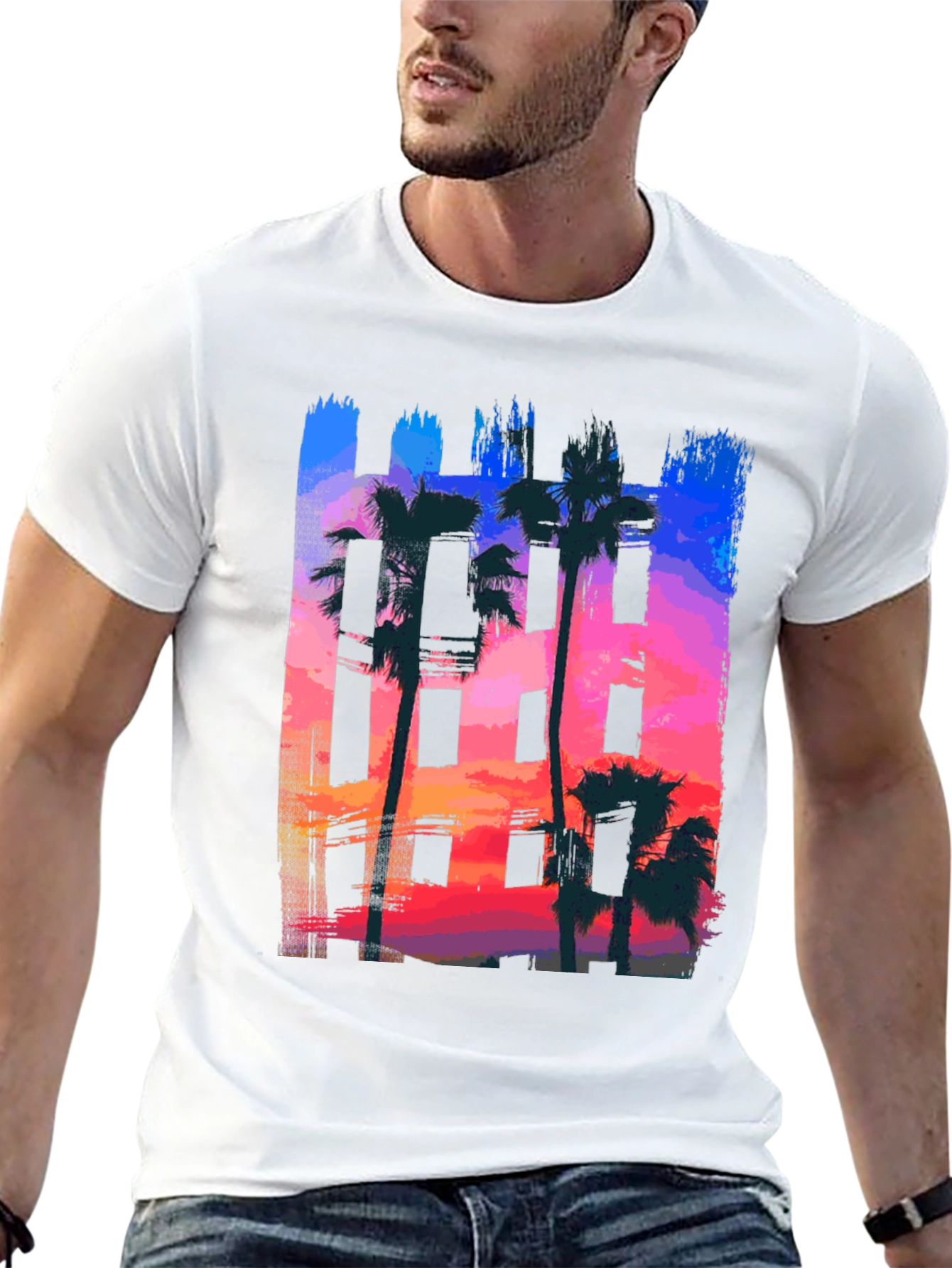 Sunset Palm Tree Graphic Tee - Black Cotton T-Shirt